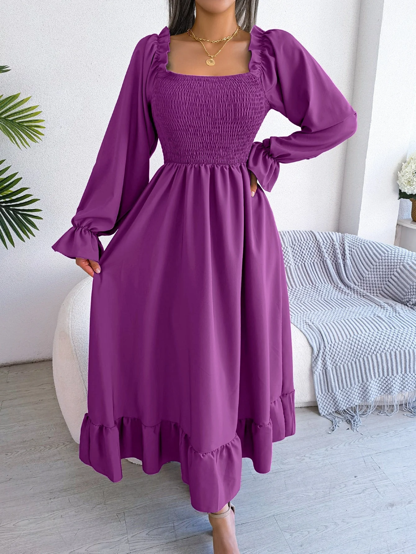The Romantic Swing | Solid Color Square-Neck Ruffled Trumpet Sleeve Maxi Dress - Image 75