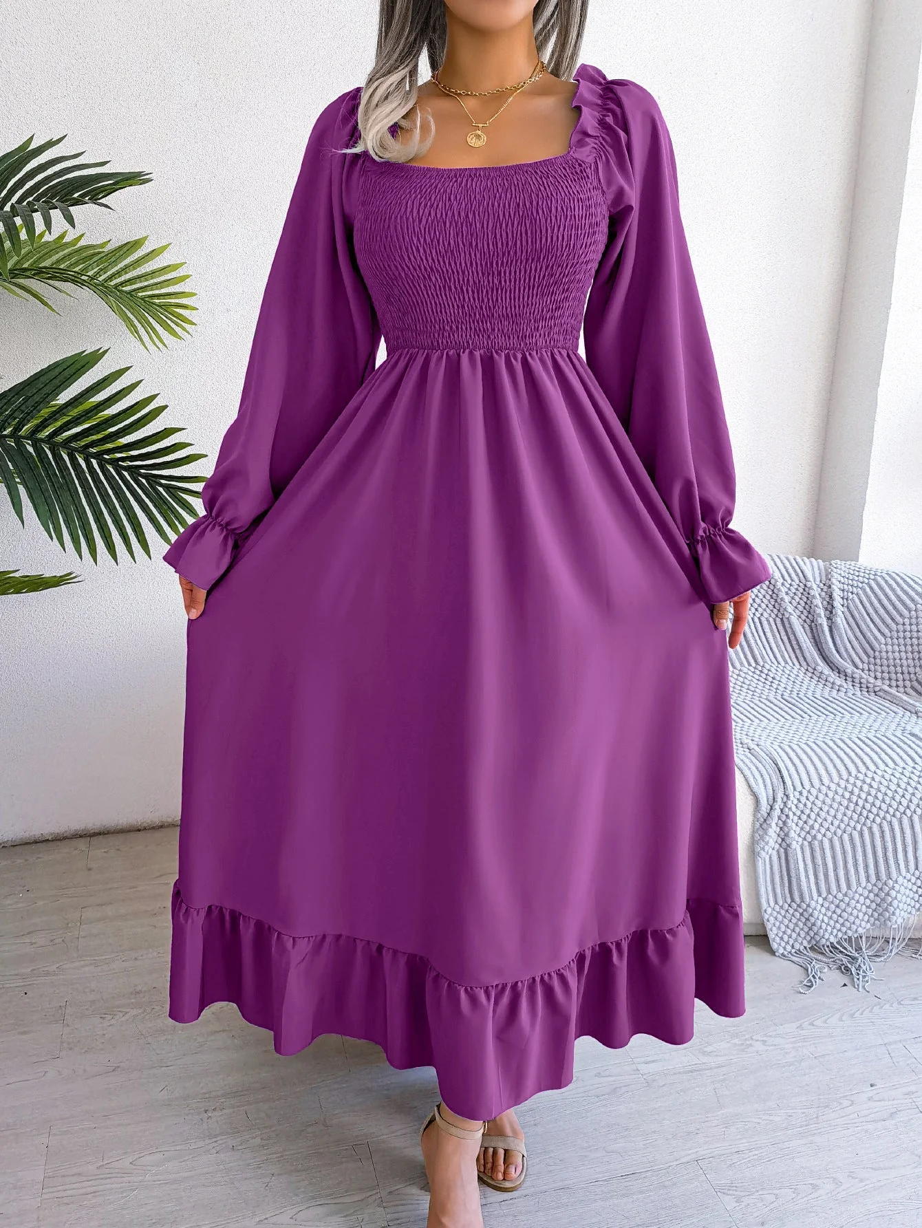 The Romantic Swing | Solid Color Square-Neck Ruffled Trumpet Sleeve Maxi Dress - Image 76