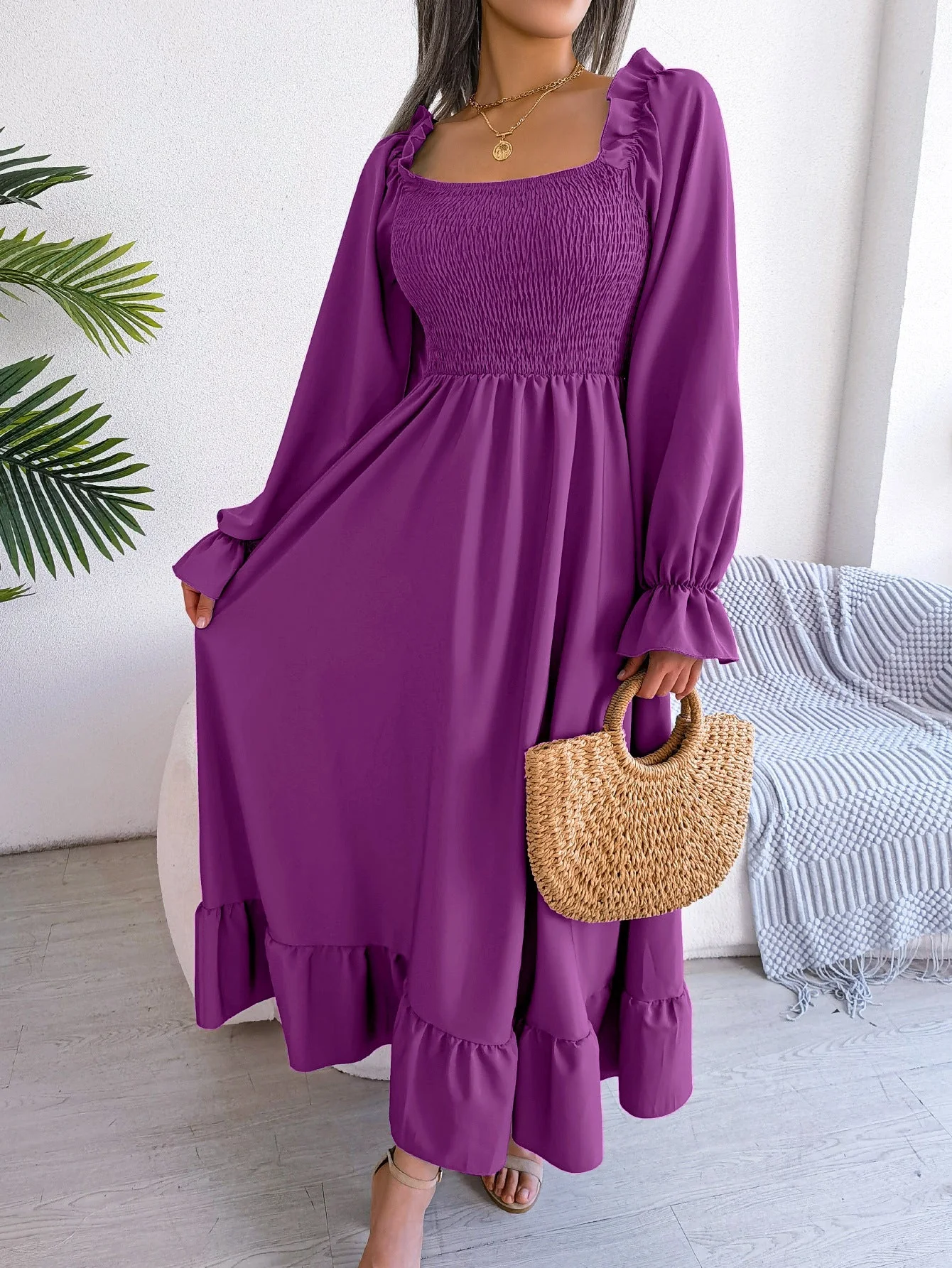 The Romantic Swing | Solid Color Square-Neck Ruffled Trumpet Sleeve Maxi Dress - Image 77