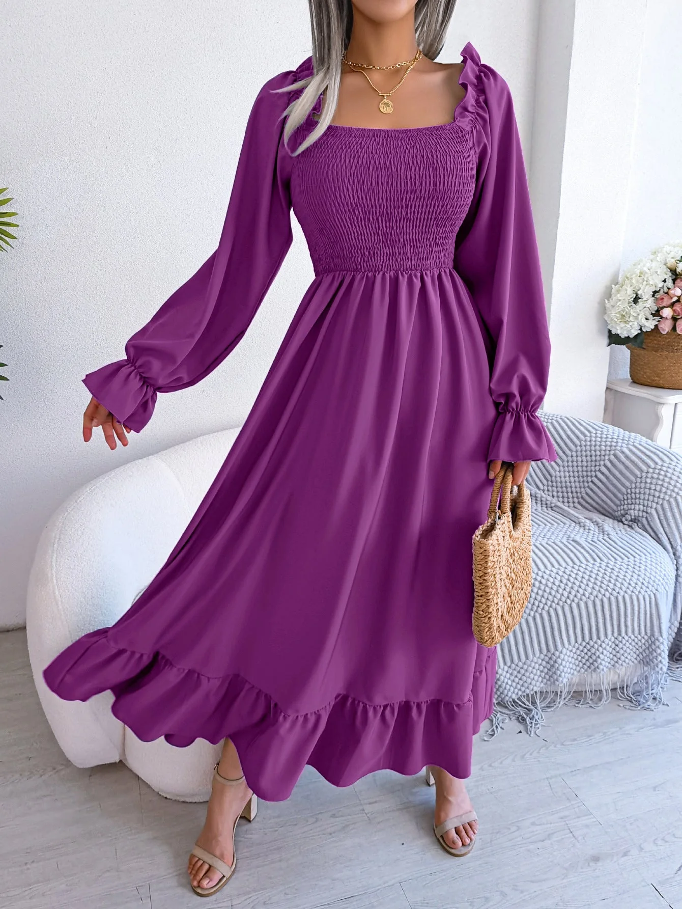 The Romantic Swing | Solid Color Square-Neck Ruffled Trumpet Sleeve Maxi Dress - Image 78