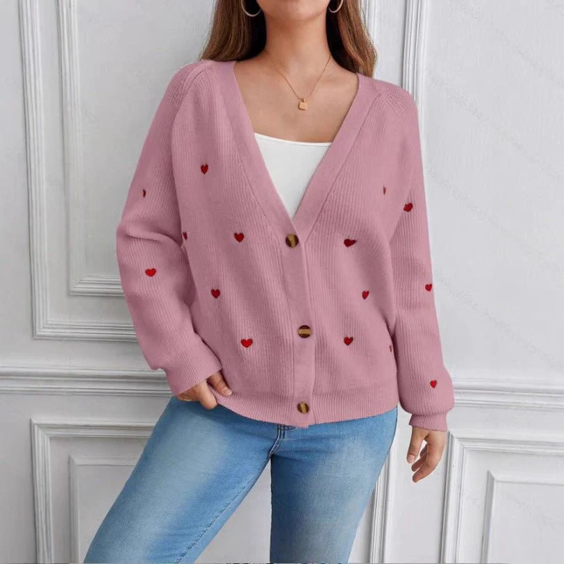 The Romantic Thread | Women's Love Pattern V-Neck Cardigan Sweater