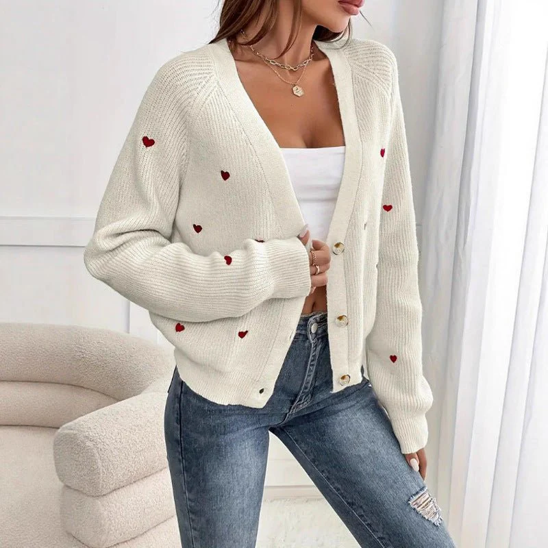 The Romantic Thread | Women's Love Pattern V-Neck Cardigan Sweater - Image 2
