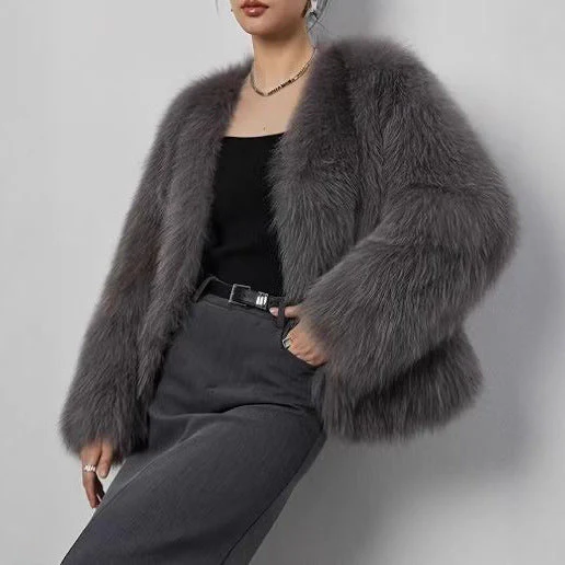 The Royal Plush | Women's Short Faux Fur V-Neck Jacket FD