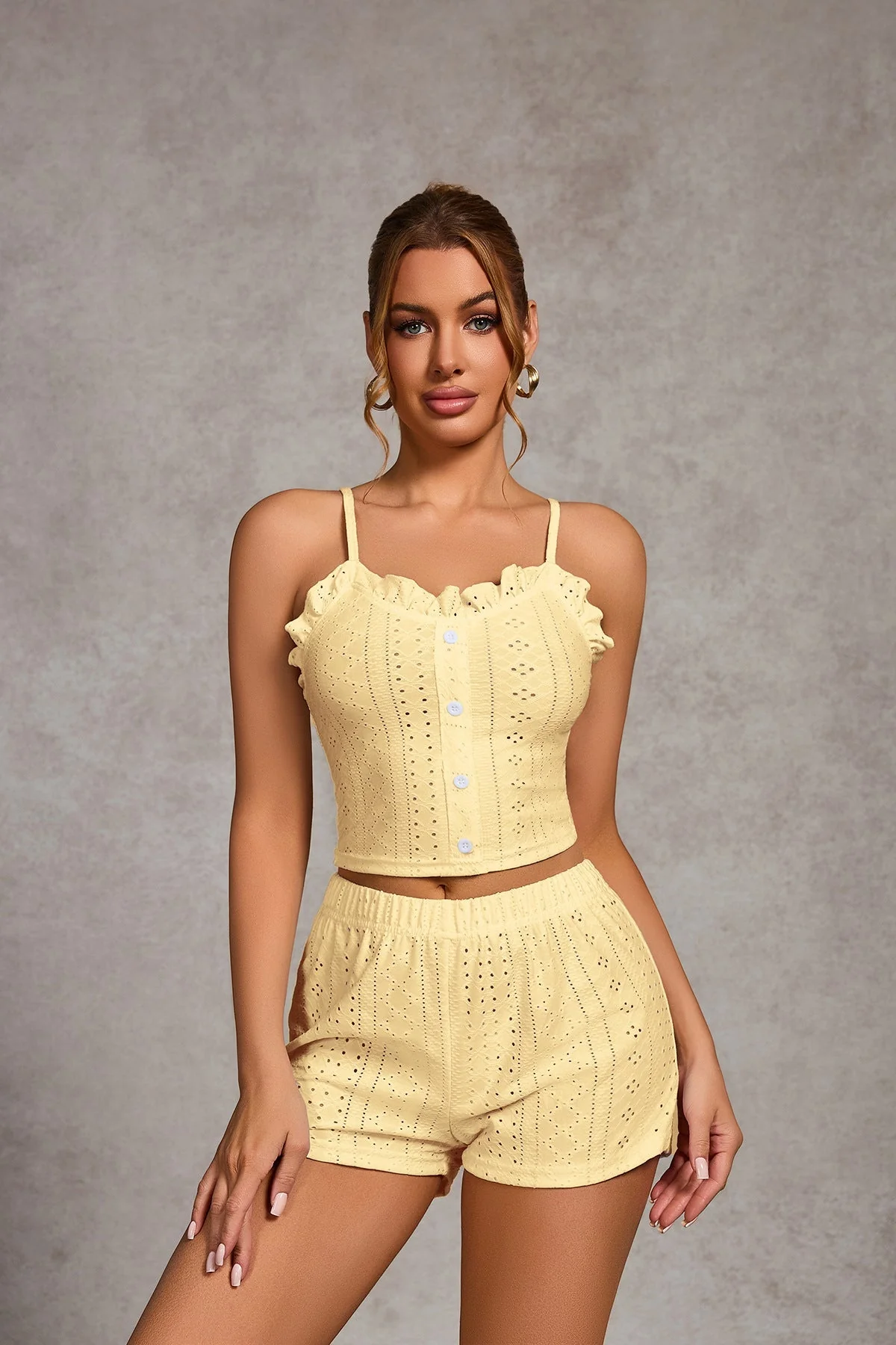 The Ruffle Allure | Solid Color Strap Cami & Shorts Sleep Set - Image 10