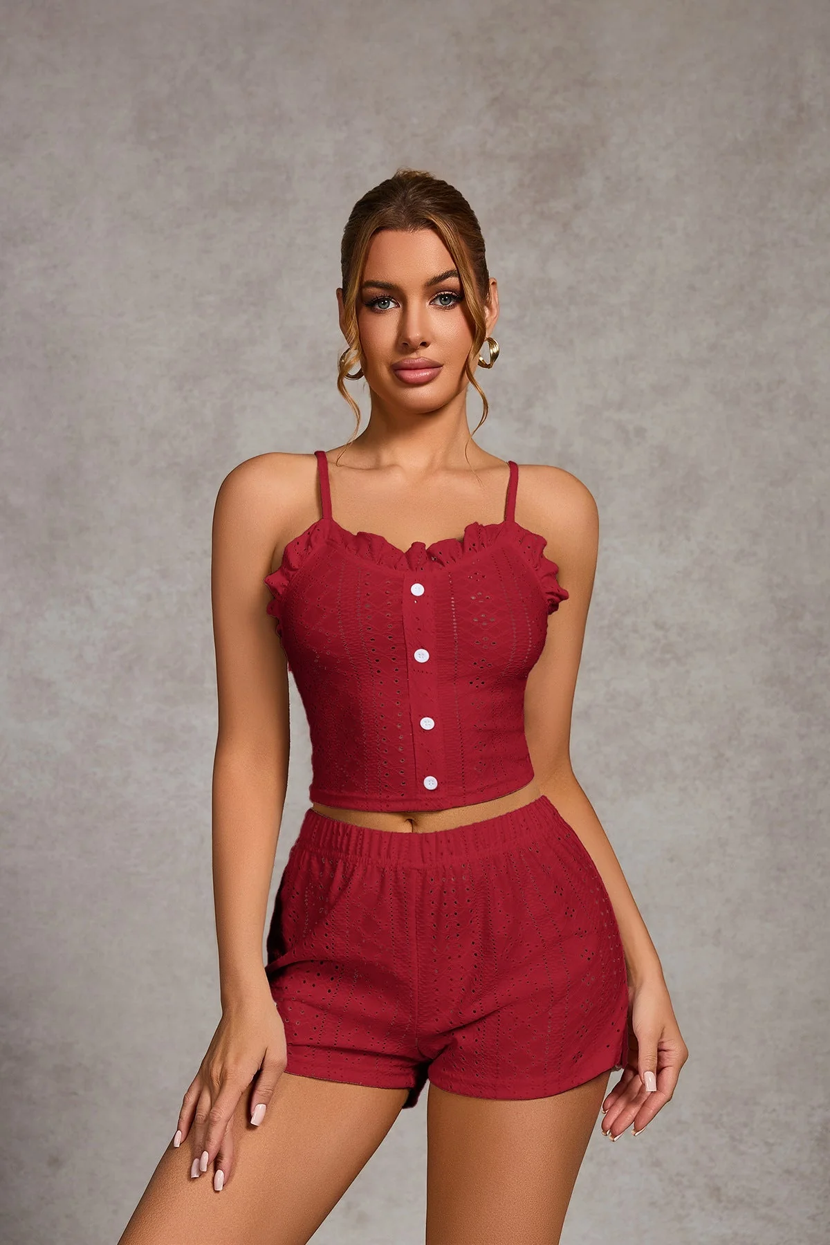 The Ruffle Allure | Solid Color Strap Cami & Shorts Sleep Set - Image 11