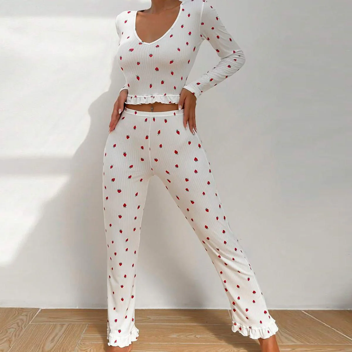 The Ruffle Charm | Solid Color Long-Sleeve Top & Pants Pajama Set