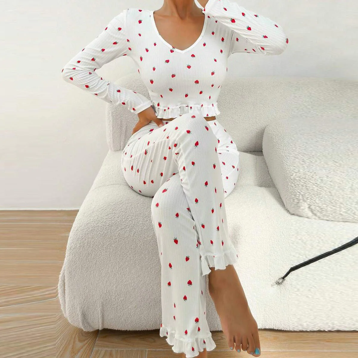 The Ruffle Charm | Solid Color Long-Sleeve Top & Pants Pajama Set - Image 2