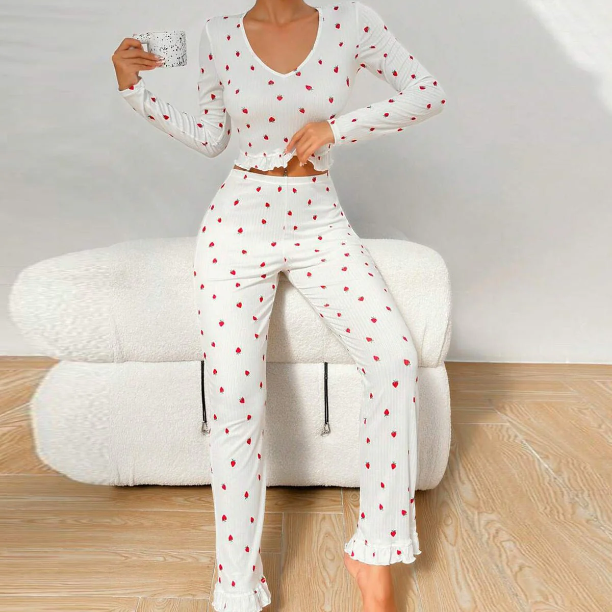 The Ruffle Charm | Solid Color Long-Sleeve Top & Pants Pajama Set - Image 4