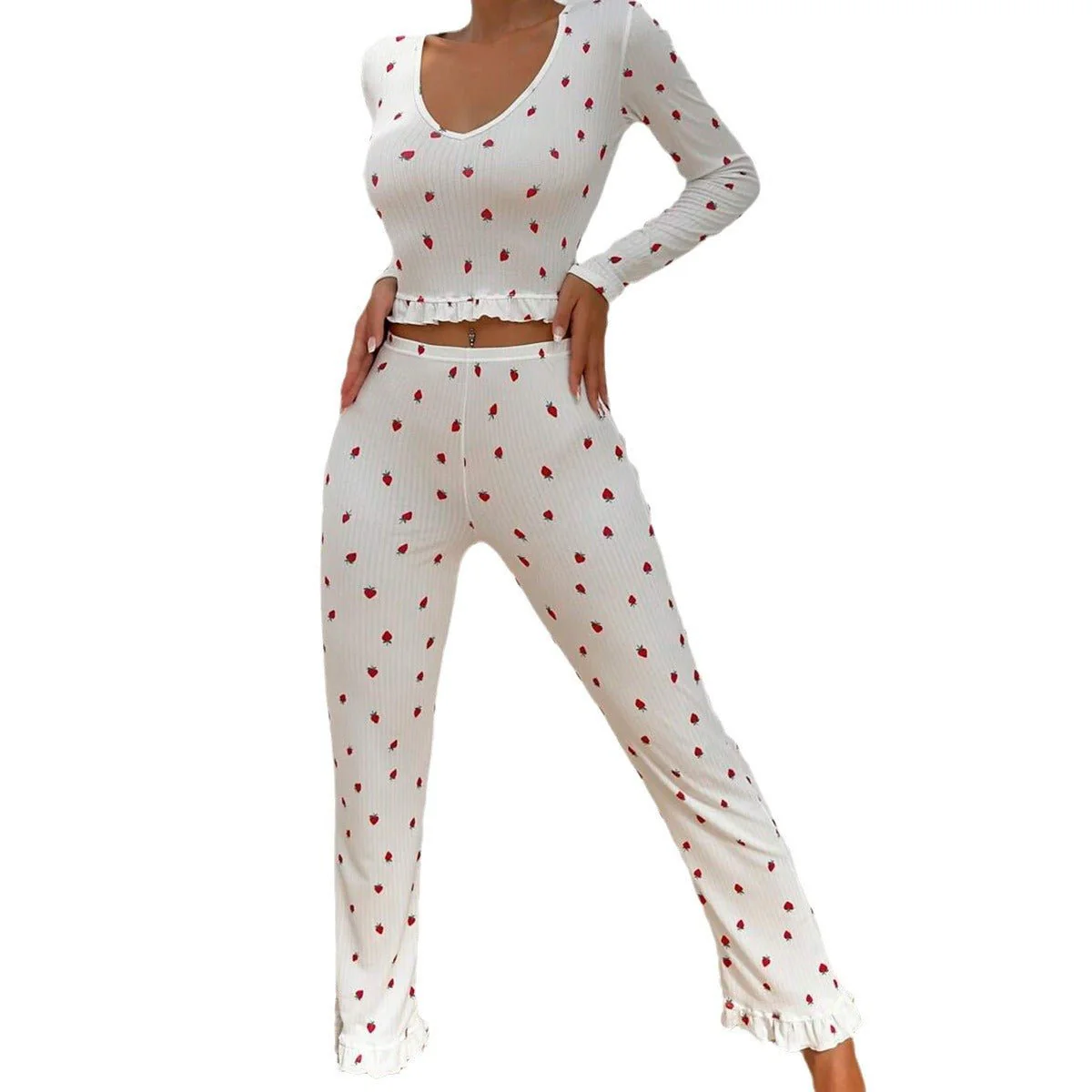 The Ruffle Charm | Solid Color Long-Sleeve Top & Pants Pajama Set - Image 5