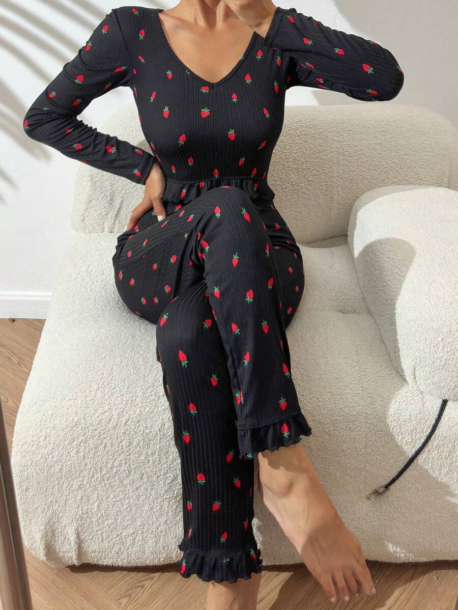 The Ruffle Charm | Solid Color Long-Sleeve Top & Pants Pajama Set - Image 7