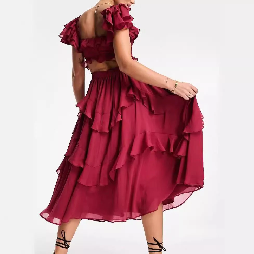 The Ruffle Romance | Women's Lace Halter Pleated Cake Skirt Maxi Dress