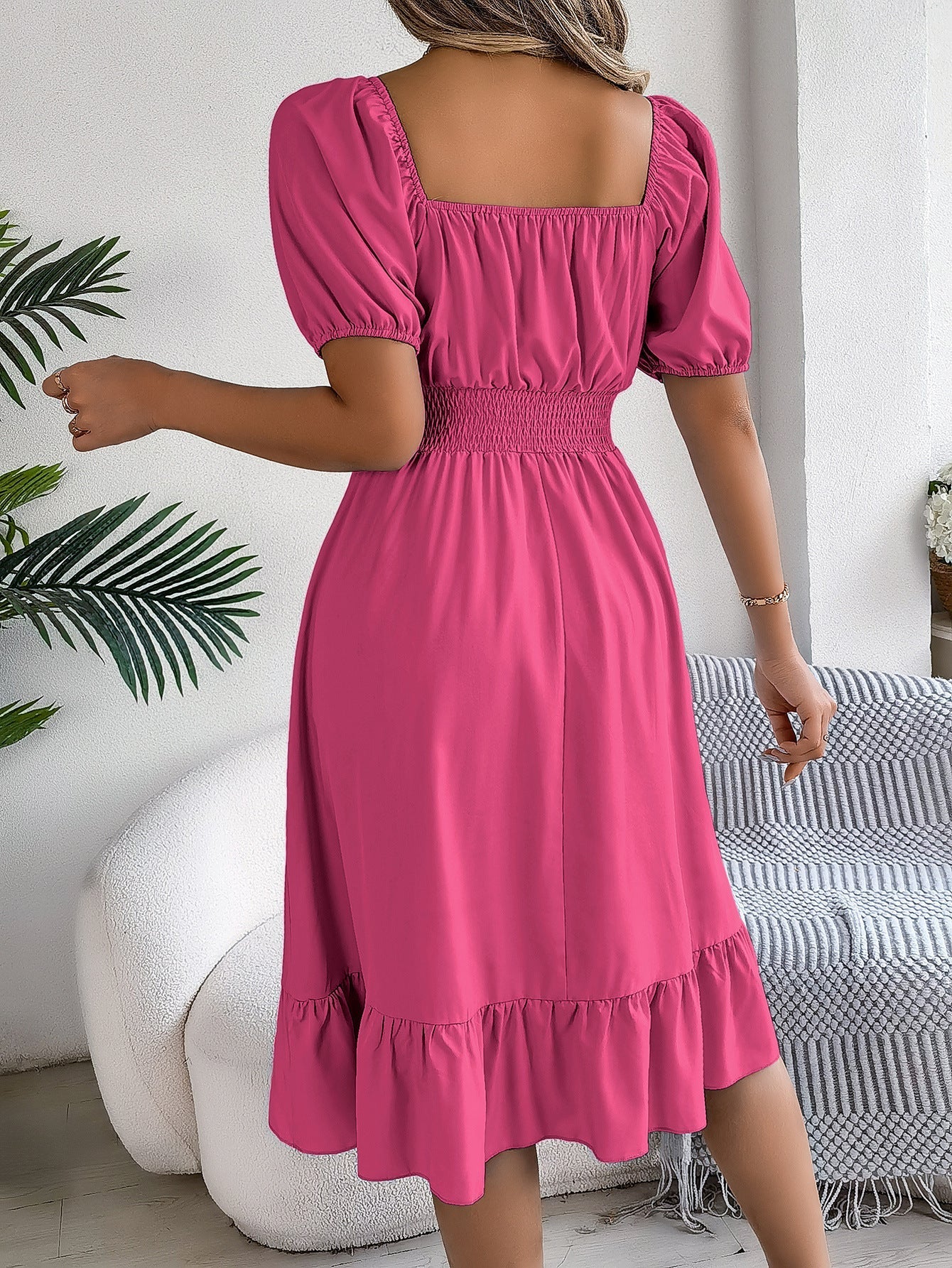 The Ruffled Charm | Solid Color Square-Neck Ruffled A-Line Midi Dress - Image 19