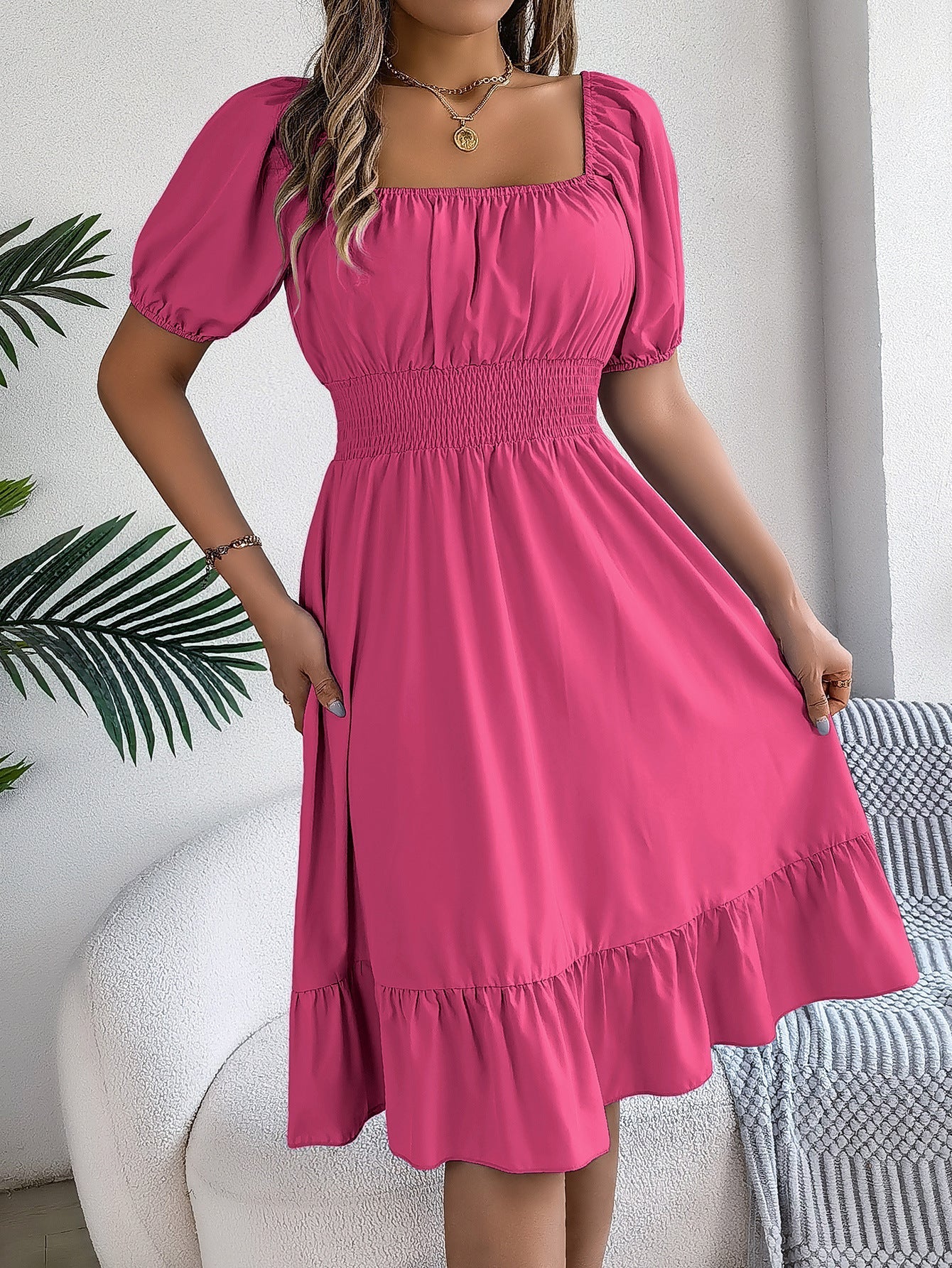 The Ruffled Charm | Solid Color Square-Neck Ruffled A-Line Midi Dress - Image 20