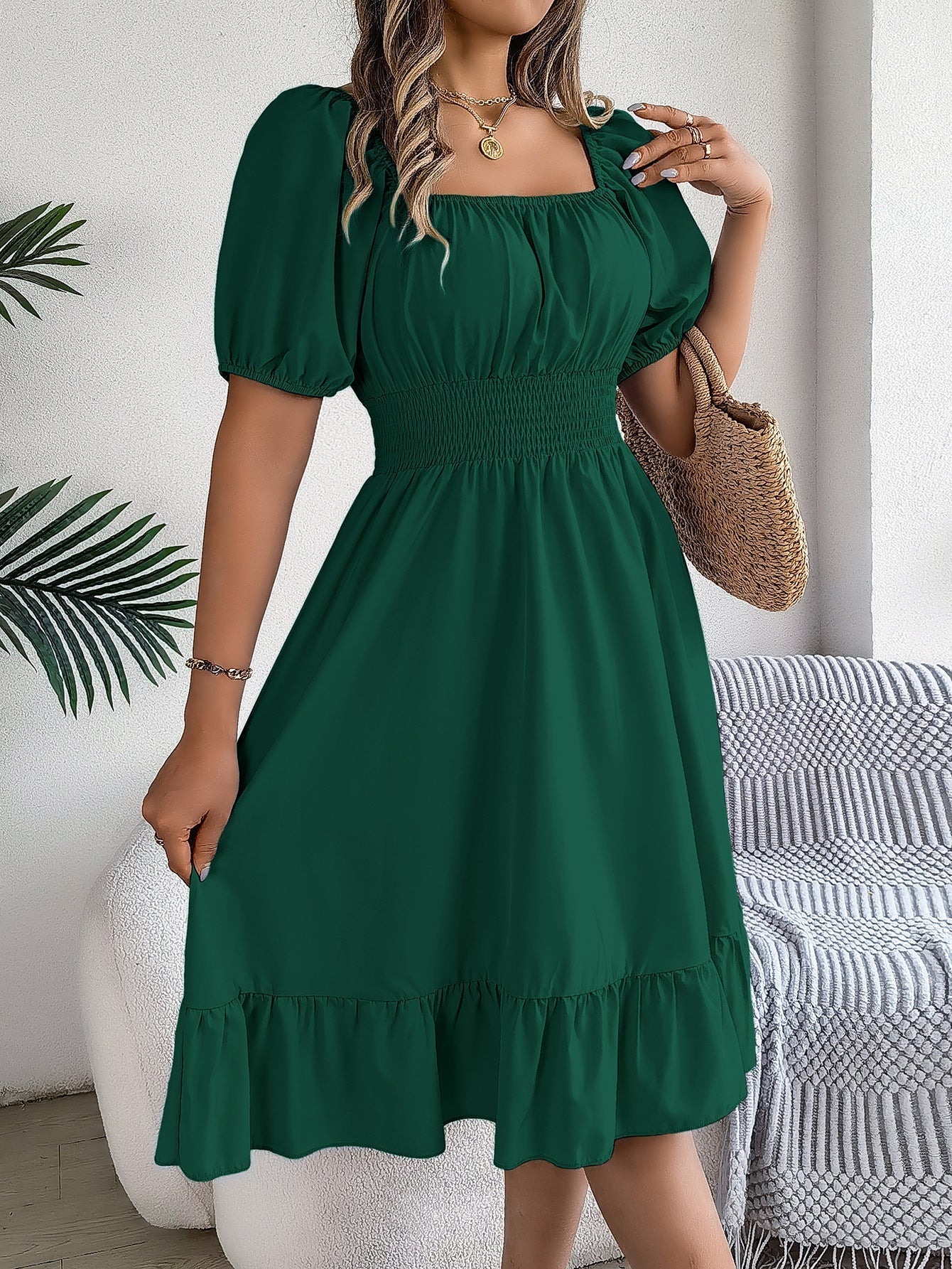 The Ruffled Charm | Solid Color Square-Neck Ruffled A-Line Midi Dress - Image 24