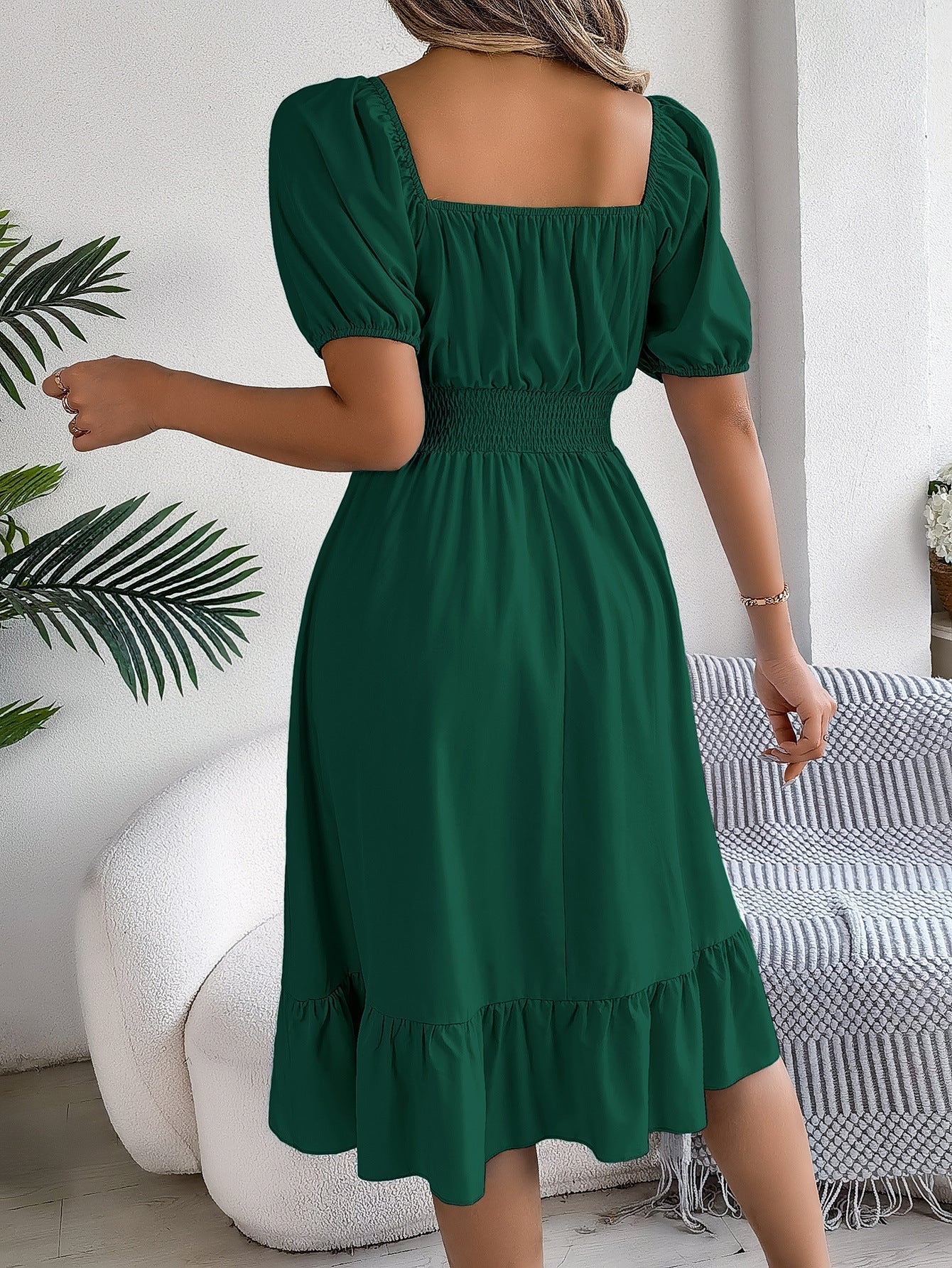 The Ruffled Charm | Solid Color Square-Neck Ruffled A-Line Midi Dress - Image 25