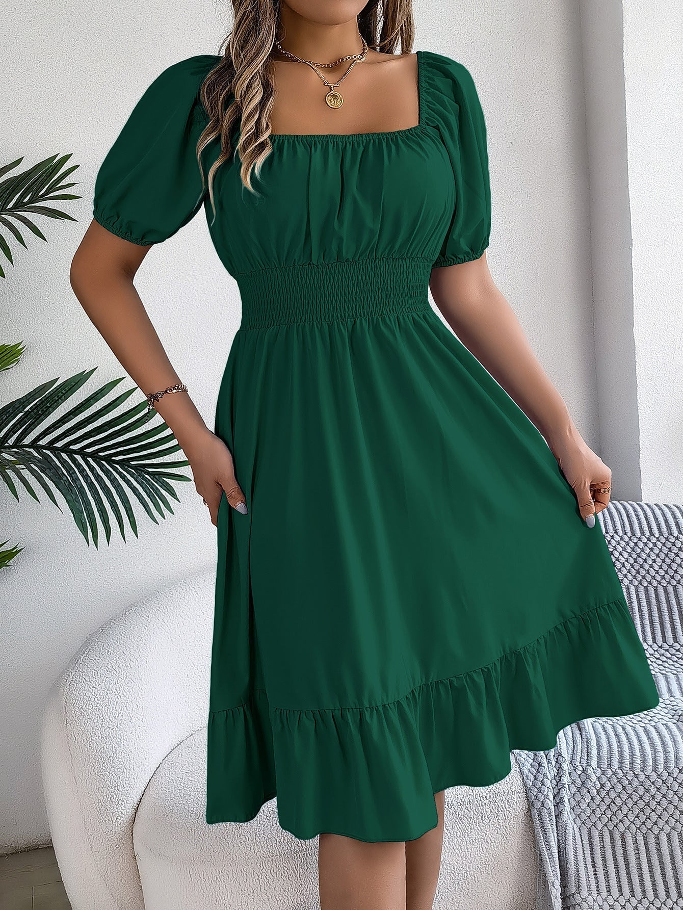 The Ruffled Charm | Solid Color Square-Neck Ruffled A-Line Midi Dress - Image 26
