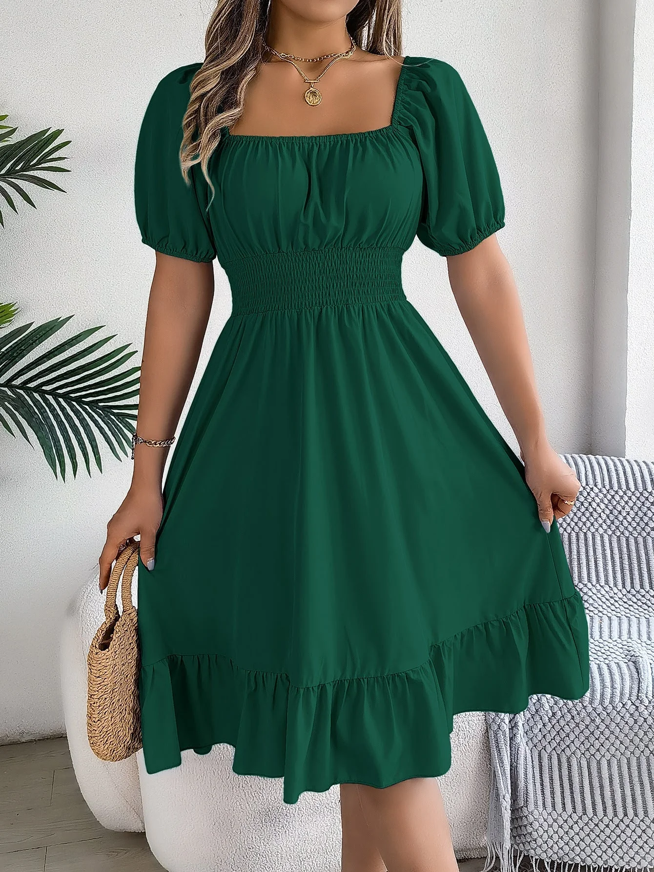The Ruffled Charm | Solid Color Square-Neck Ruffled A-Line Midi Dress - Image 28