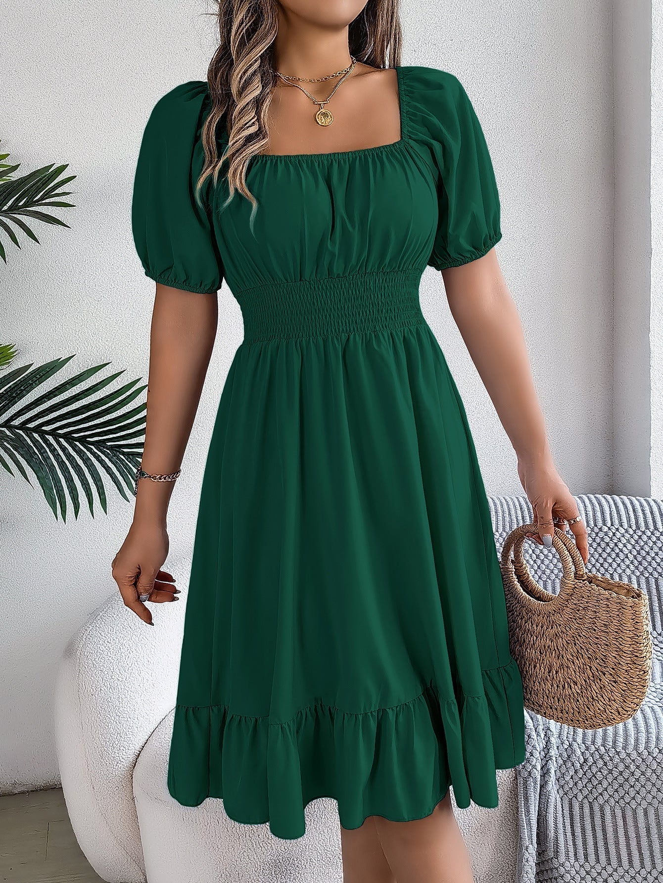 The Ruffled Charm | Solid Color Square-Neck Ruffled A-Line Midi Dress - Image 29