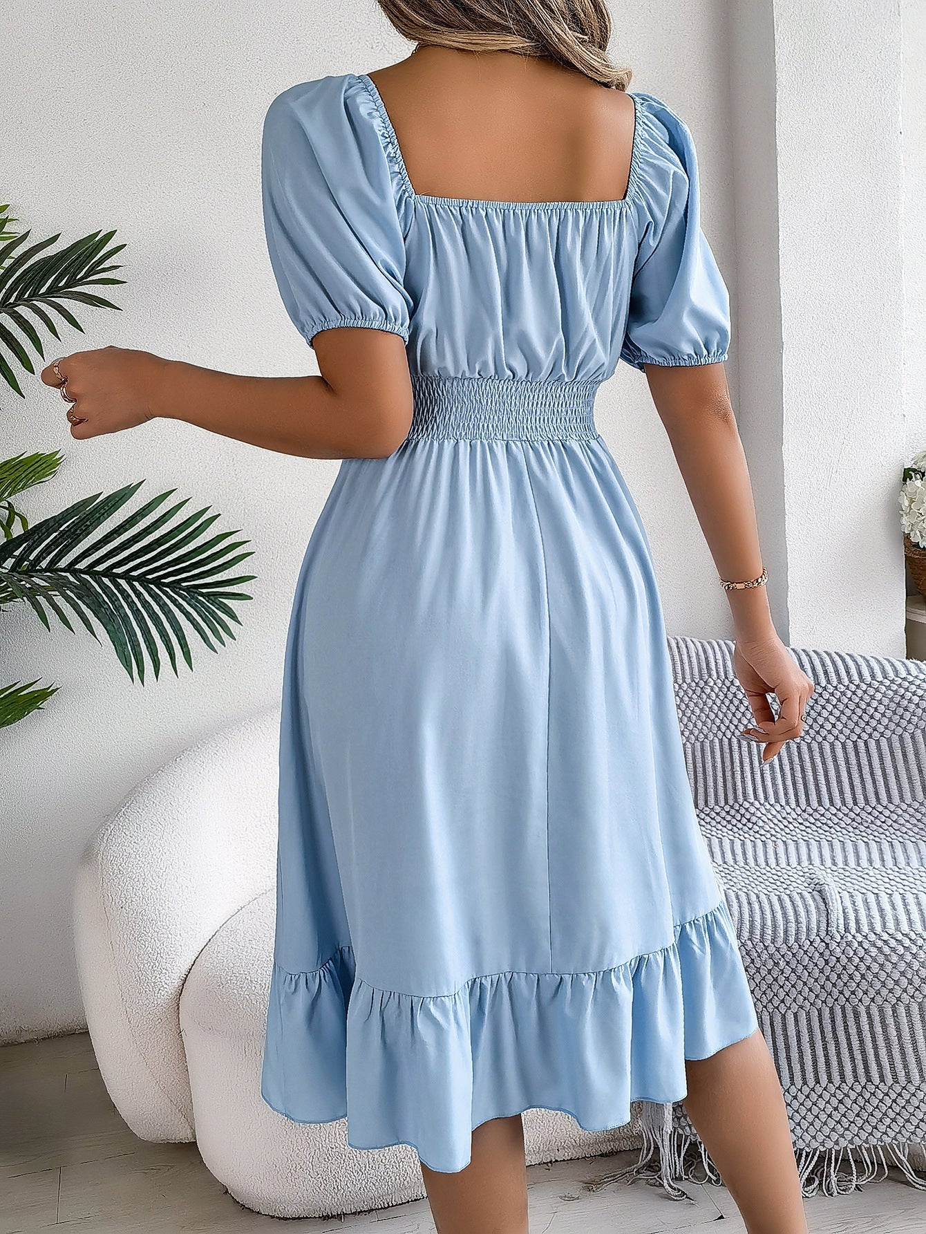 The Ruffled Charm | Solid Color Square-Neck Ruffled A-Line Midi Dress - Image 31