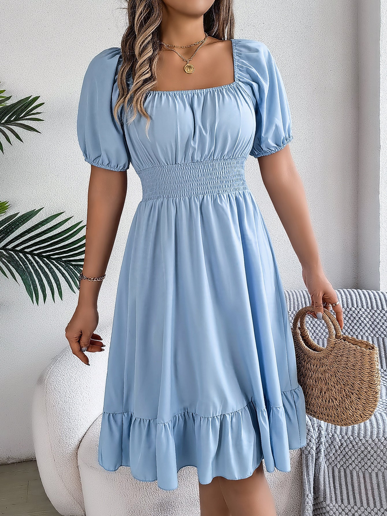 The Ruffled Charm | Solid Color Square-Neck Ruffled A-Line Midi Dress - Image 35