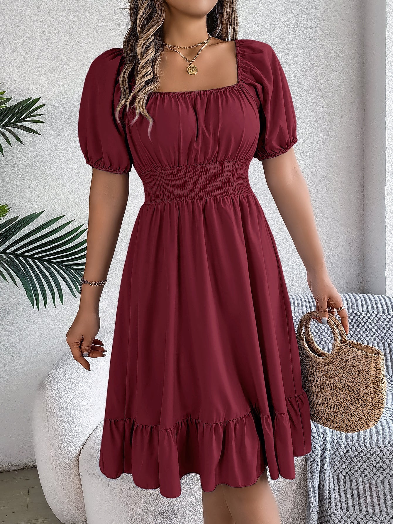 The Ruffled Charm | Solid Color Square-Neck Ruffled A-Line Midi Dress - Image 36