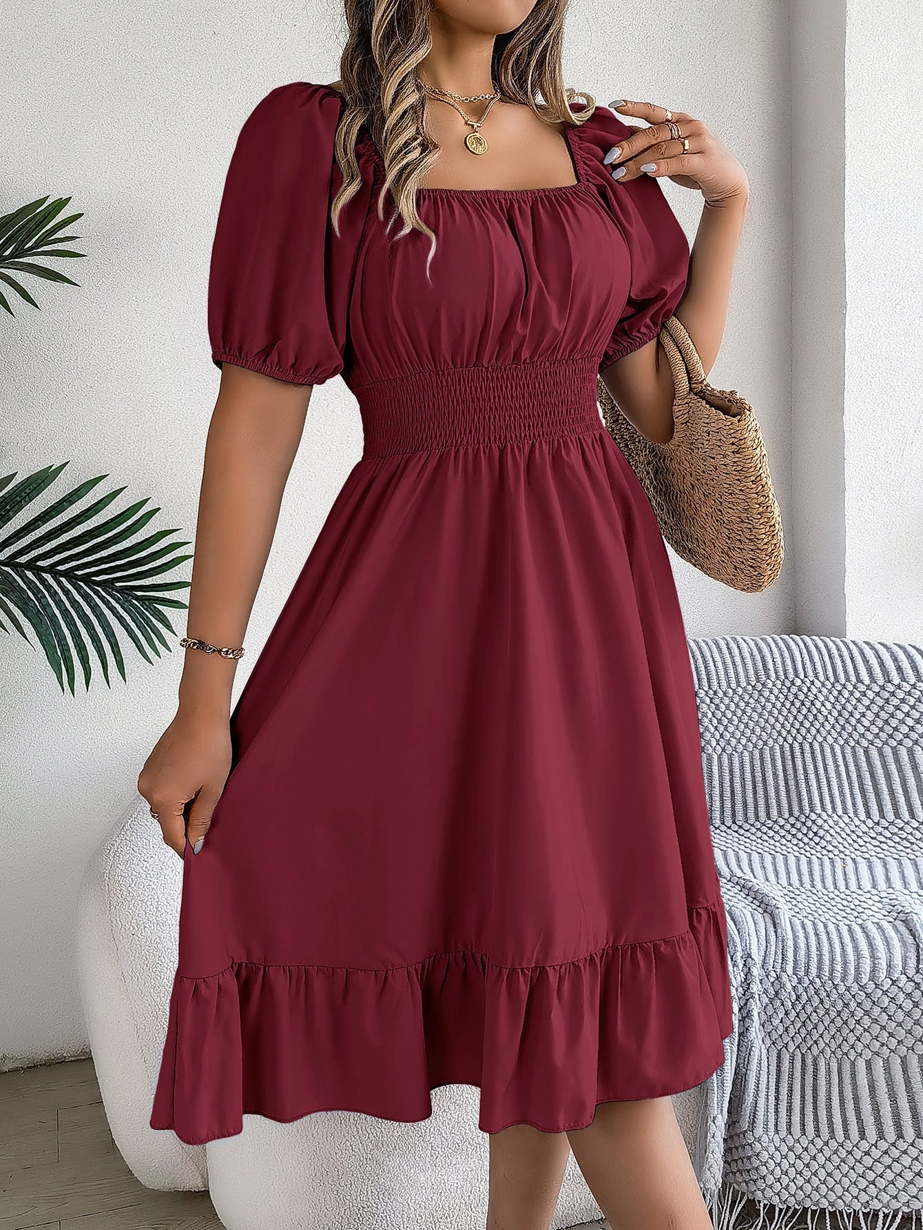 The Ruffled Charm | Solid Color Square-Neck Ruffled A-Line Midi Dress - Image 37