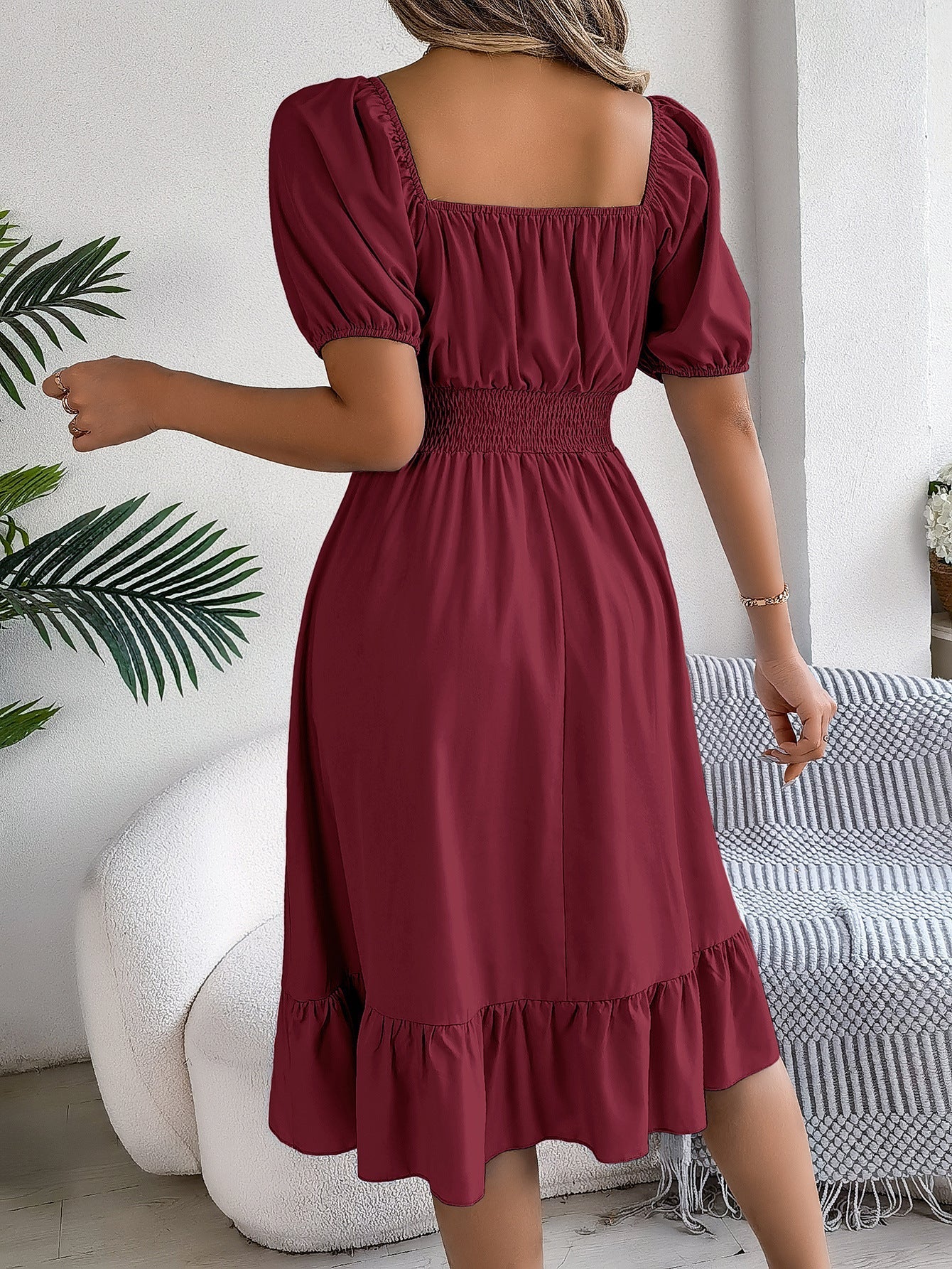The Ruffled Charm | Solid Color Square-Neck Ruffled A-Line Midi Dress - Image 38
