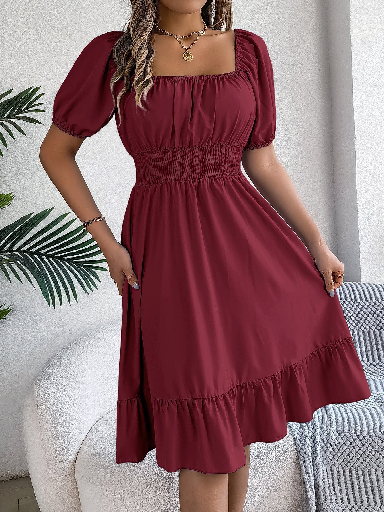 The Ruffled Charm | Solid Color Square-Neck Ruffled A-Line Midi Dress - Image 39