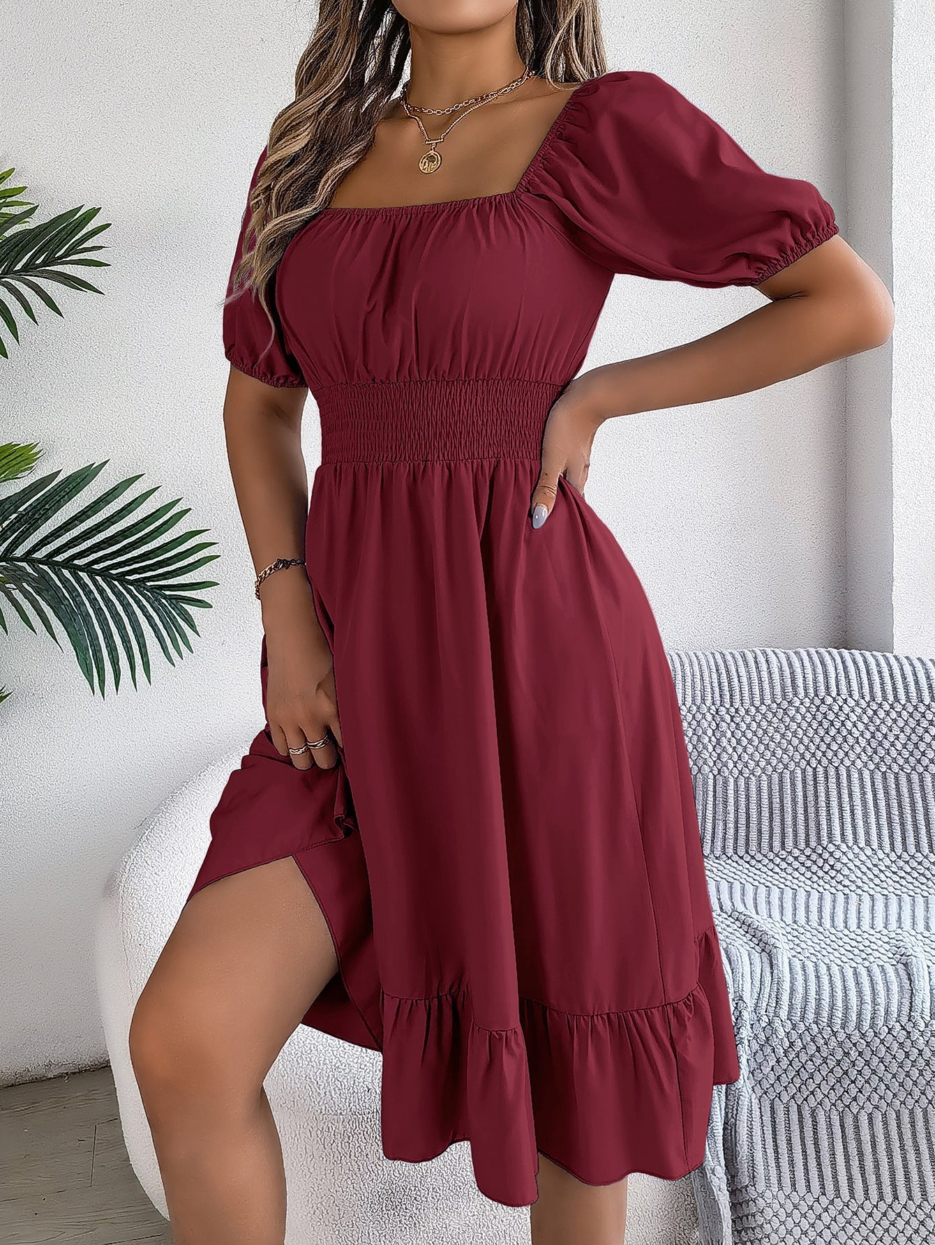 The Ruffled Charm | Solid Color Square-Neck Ruffled A-Line Midi Dress - Image 40