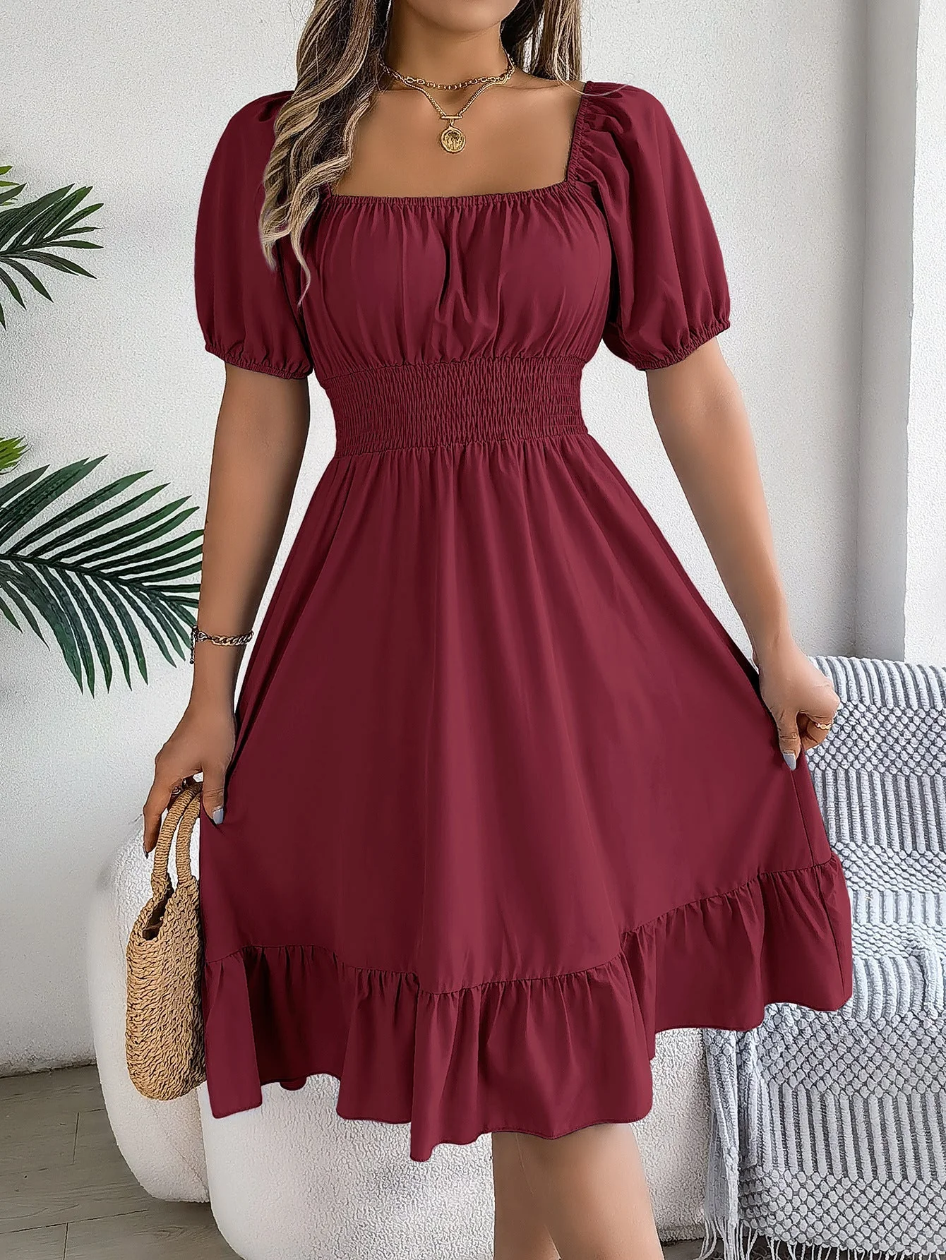 The Ruffled Charm | Solid Color Square-Neck Ruffled A-Line Midi Dress - Image 41