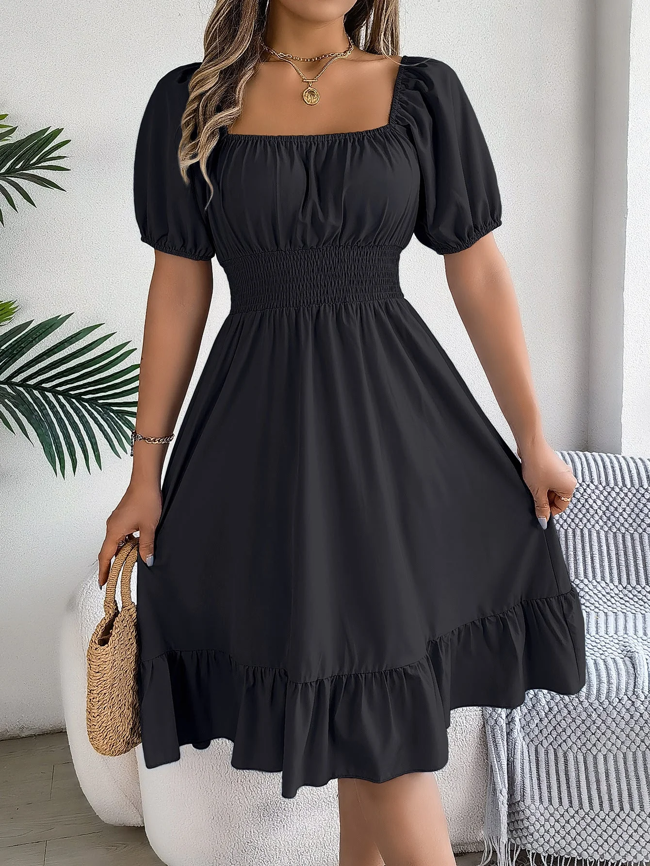 The Ruffled Charm | Solid Color Square-Neck Ruffled A-Line Midi Dress - Image 42