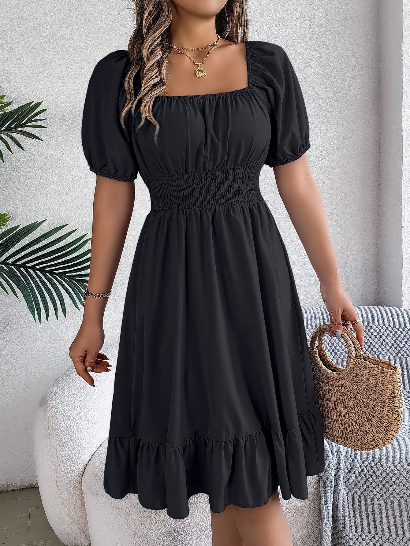 The Ruffled Charm | Solid Color Square-Neck Ruffled A-Line Midi Dress - Image 43