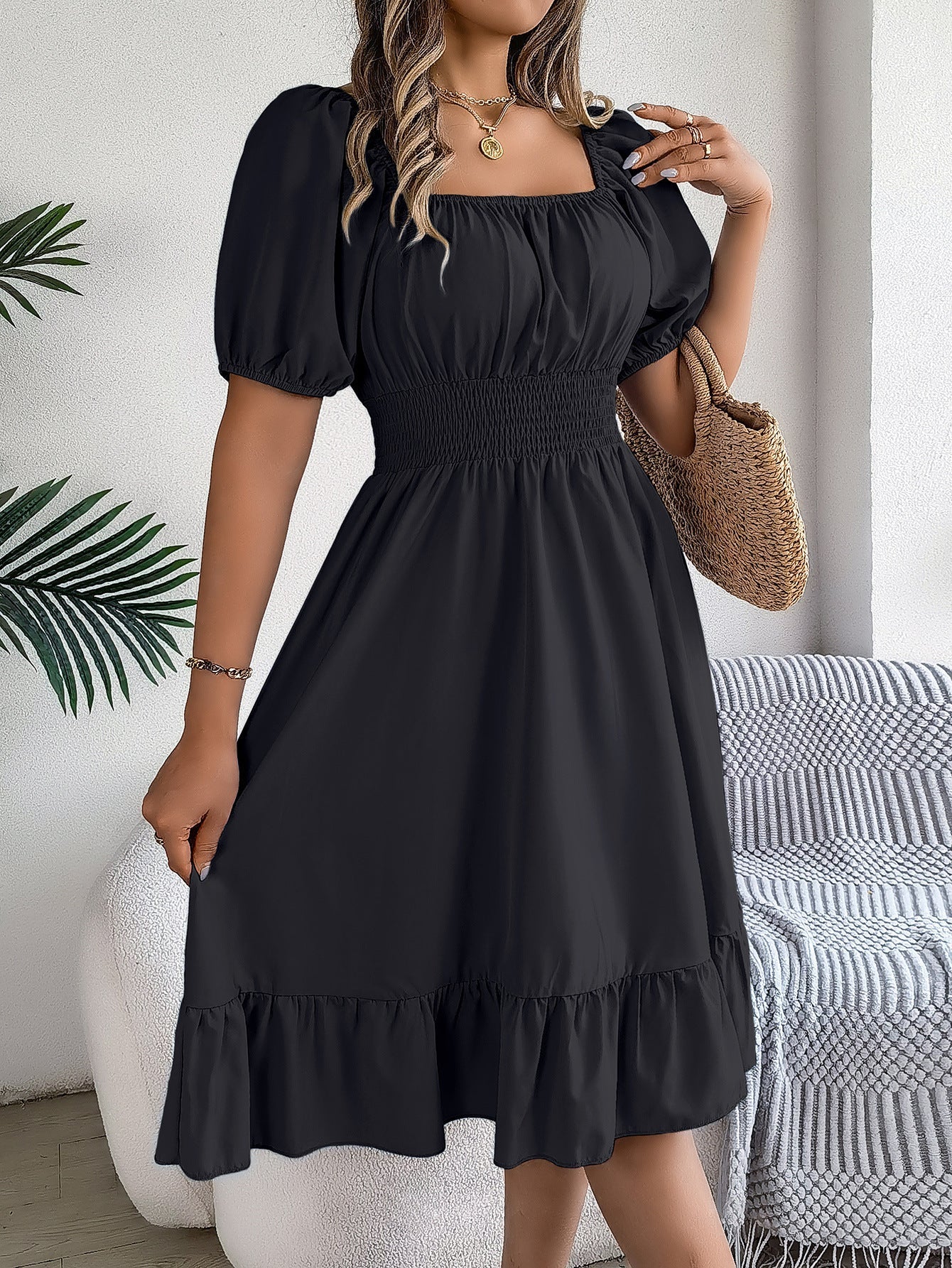The Ruffled Charm | Solid Color Square-Neck Ruffled A-Line Midi Dress - Image 44