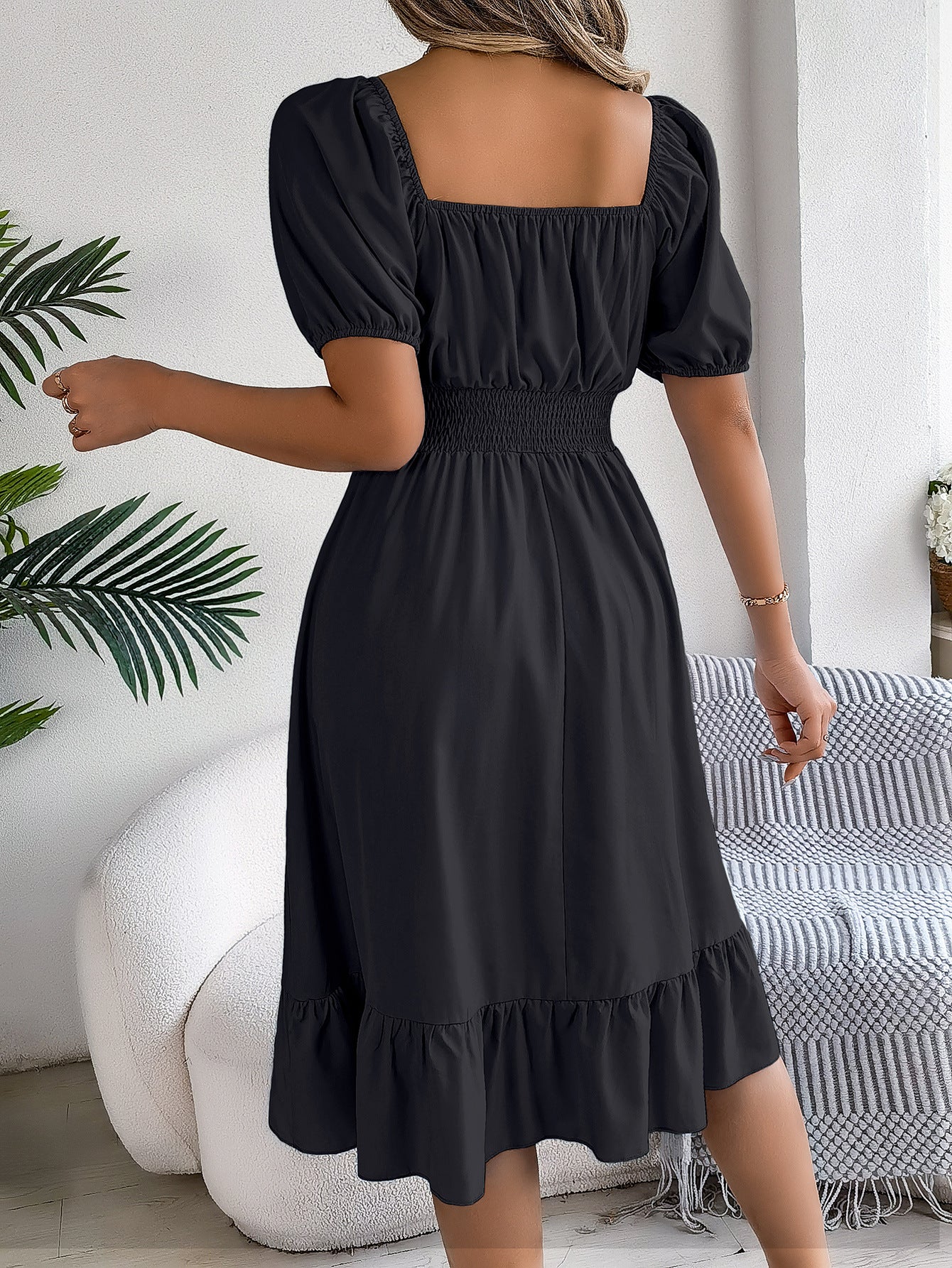The Ruffled Charm | Solid Color Square-Neck Ruffled A-Line Midi Dress - Image 45