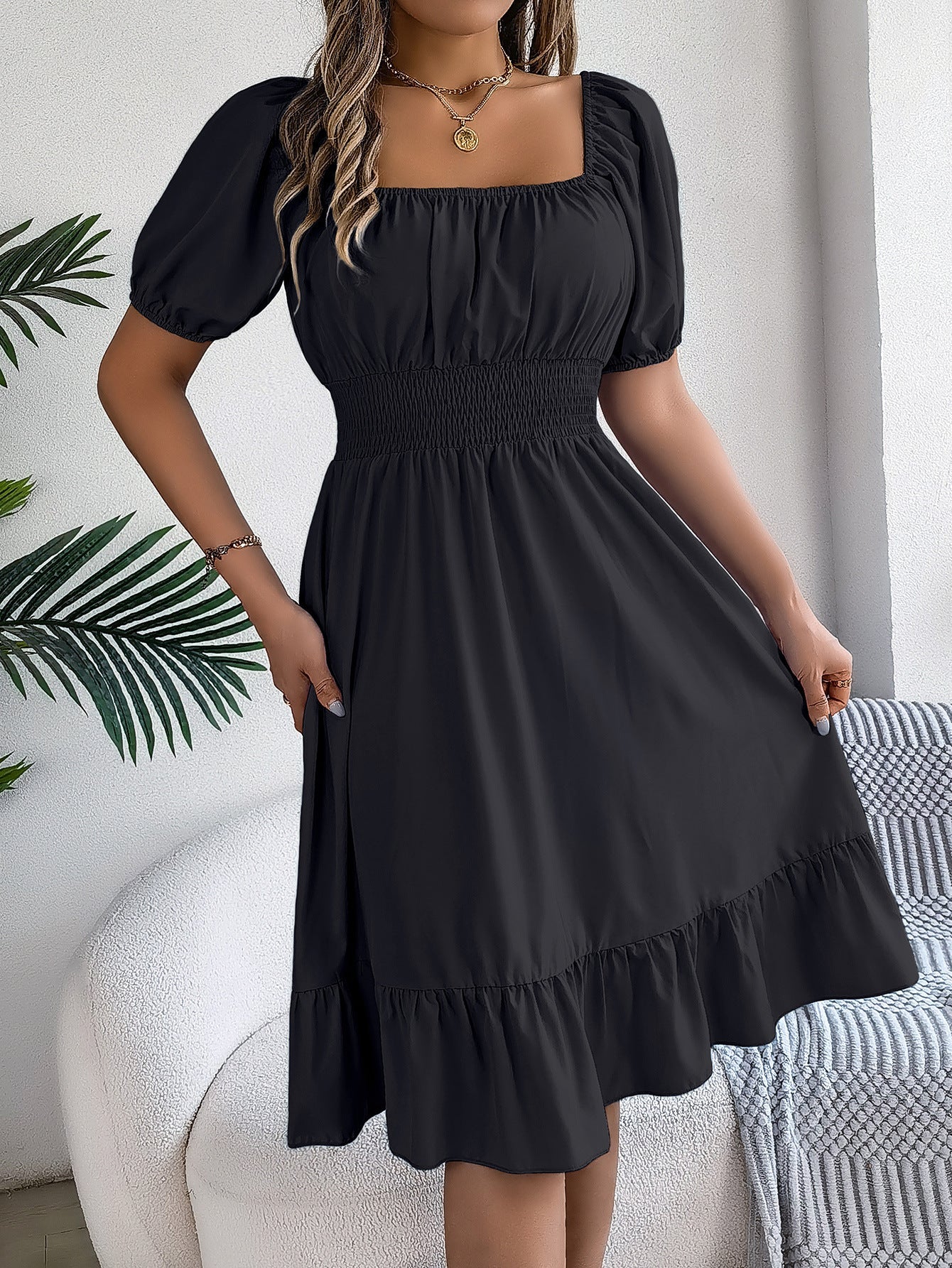 The Ruffled Charm | Solid Color Square-Neck Ruffled A-Line Midi Dress - Image 46