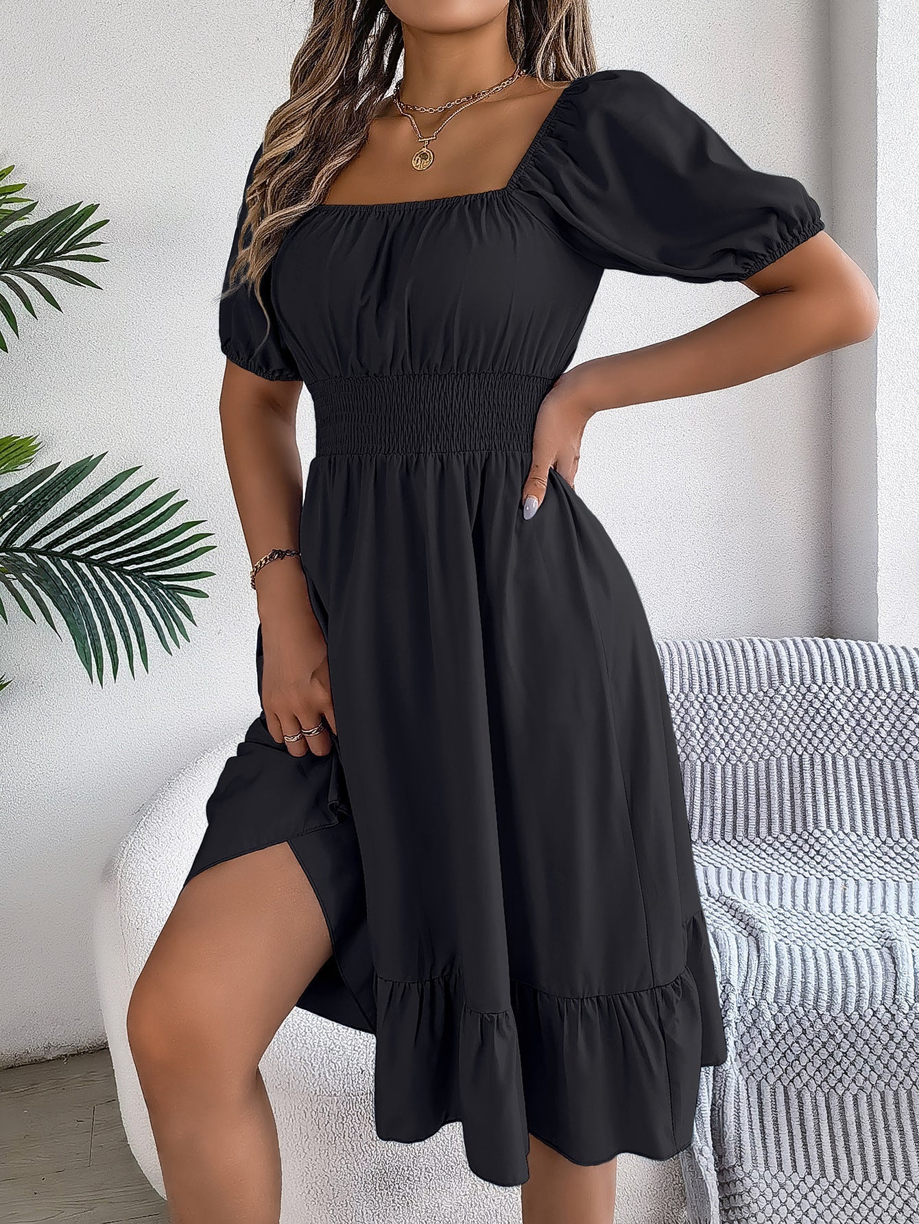 The Ruffled Charm | Solid Color Square-Neck Ruffled A-Line Midi Dress - Image 47