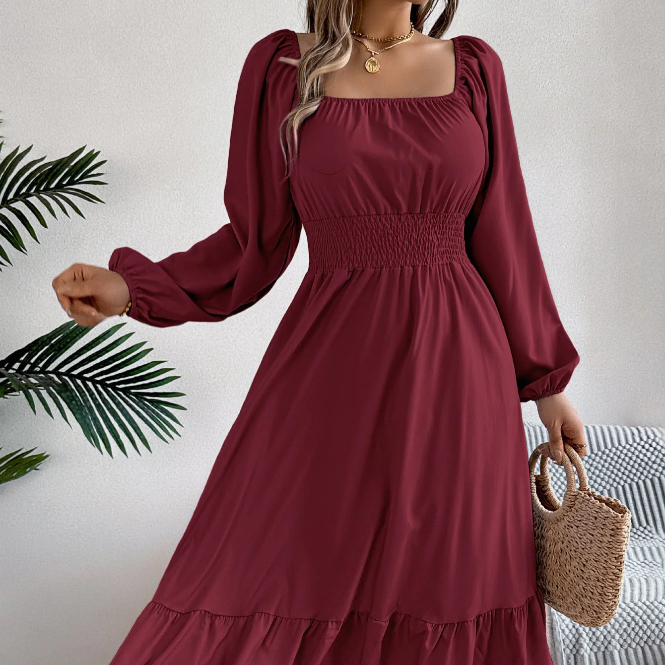 The Ruffled Charm | Solid Color Square-Neck Ruffled A-Line Midi Dress - Image 10