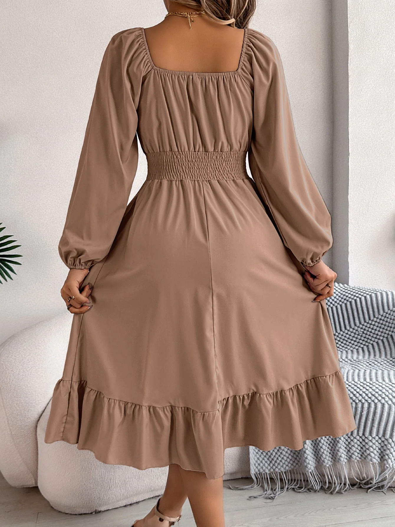 The Ruffled Charm | Solid Color Square-Neck Ruffled A-Line Midi Dress - Image 14