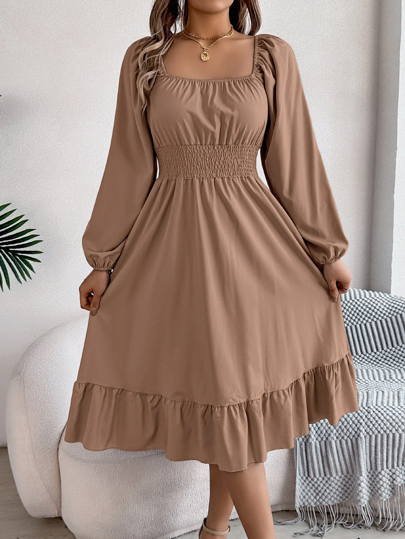 The Ruffled Charm | Solid Color Square-Neck Ruffled A-Line Midi Dress - Image 15