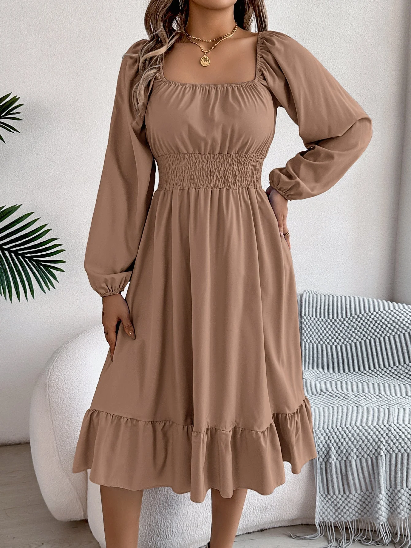 The Ruffled Charm | Solid Color Square-Neck Ruffled A-Line Midi Dress - Image 16