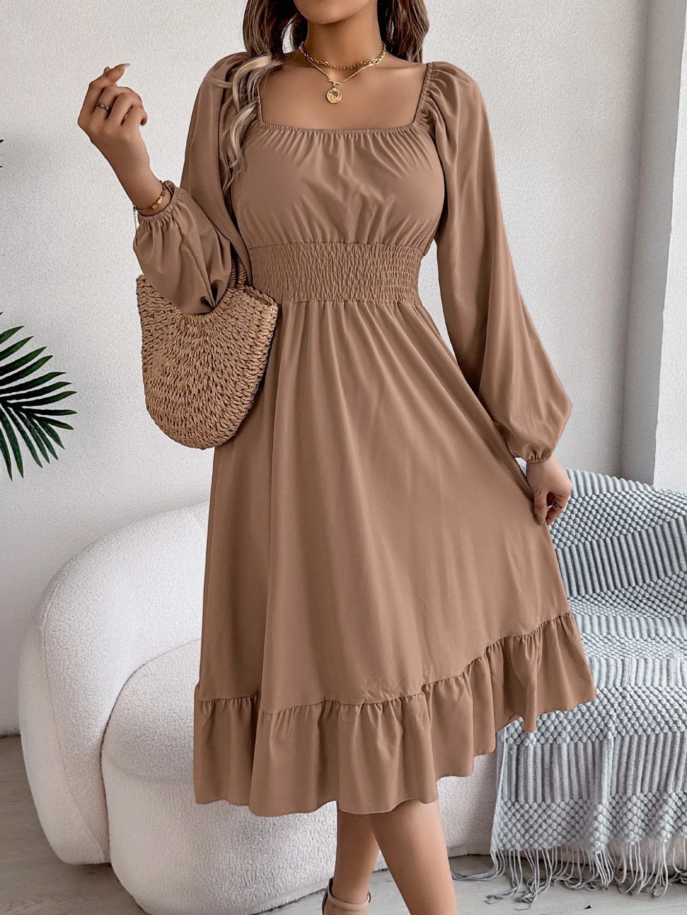 The Ruffled Charm | Solid Color Square-Neck Ruffled A-Line Midi Dress - Image 17
