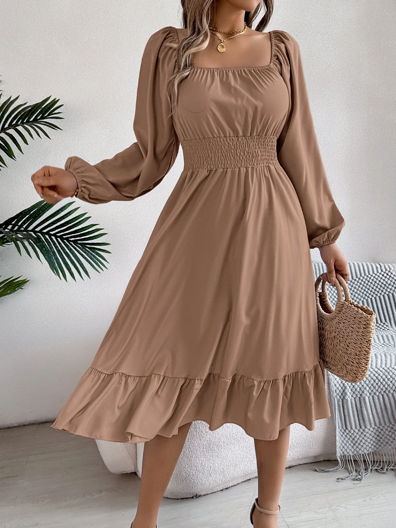 The Ruffled Charm | Solid Color Square-Neck Ruffled A-Line Midi Dress - Image 18