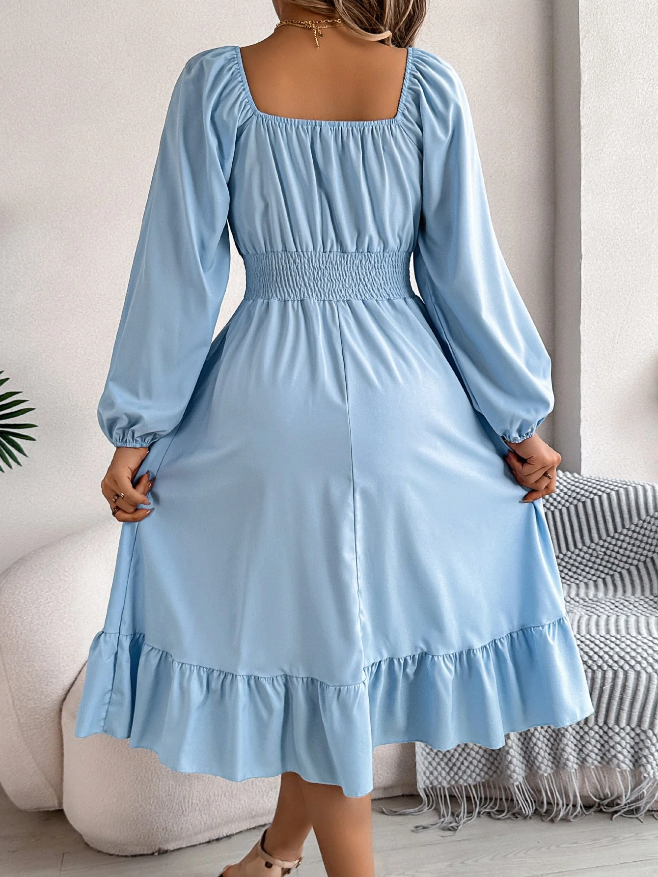 The Ruffled Charm | Solid Color Square-Neck Ruffled A-Line Midi Dress - Image 20