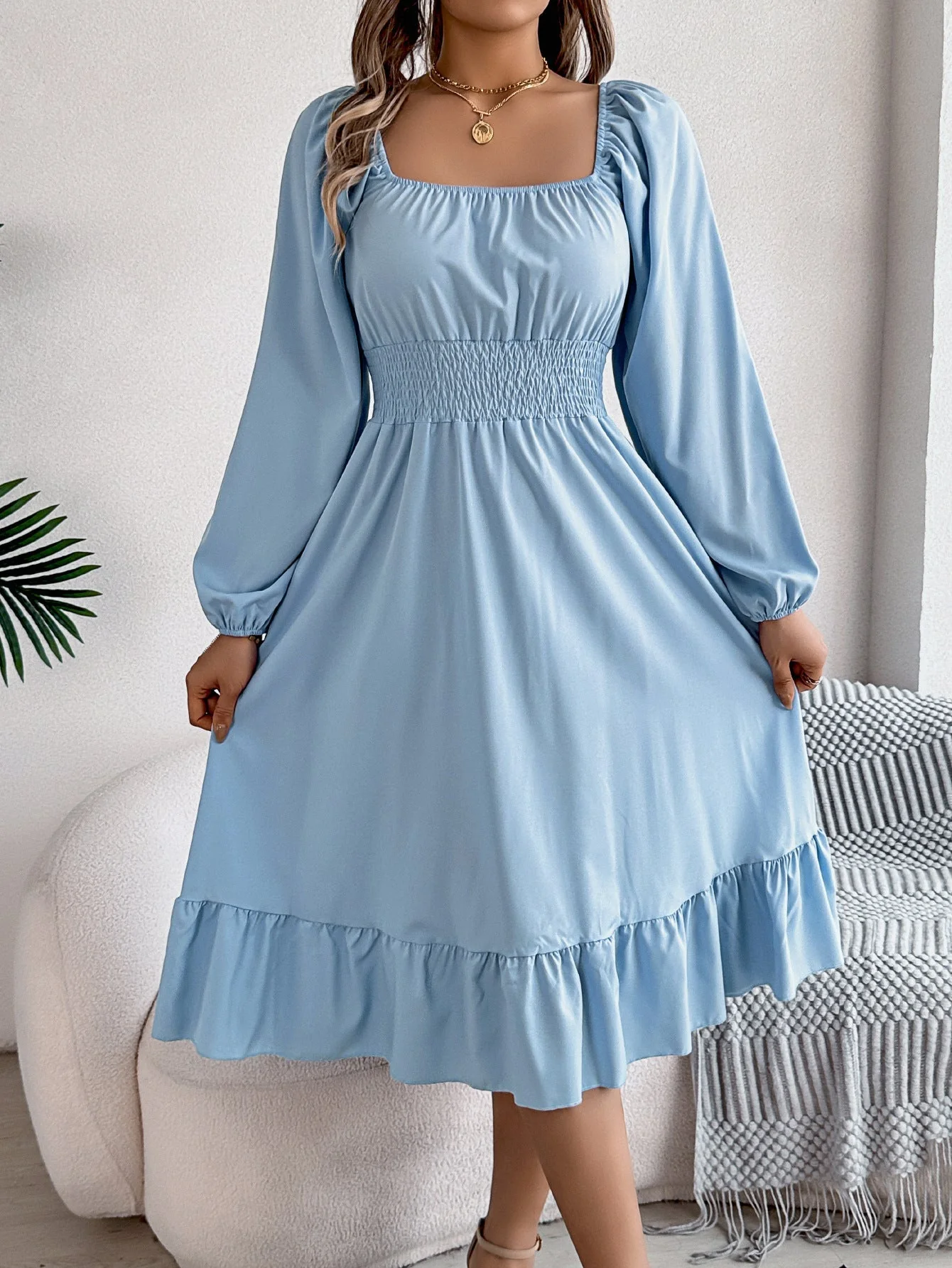 The Ruffled Charm | Solid Color Square-Neck Ruffled A-Line Midi Dress - Image 21