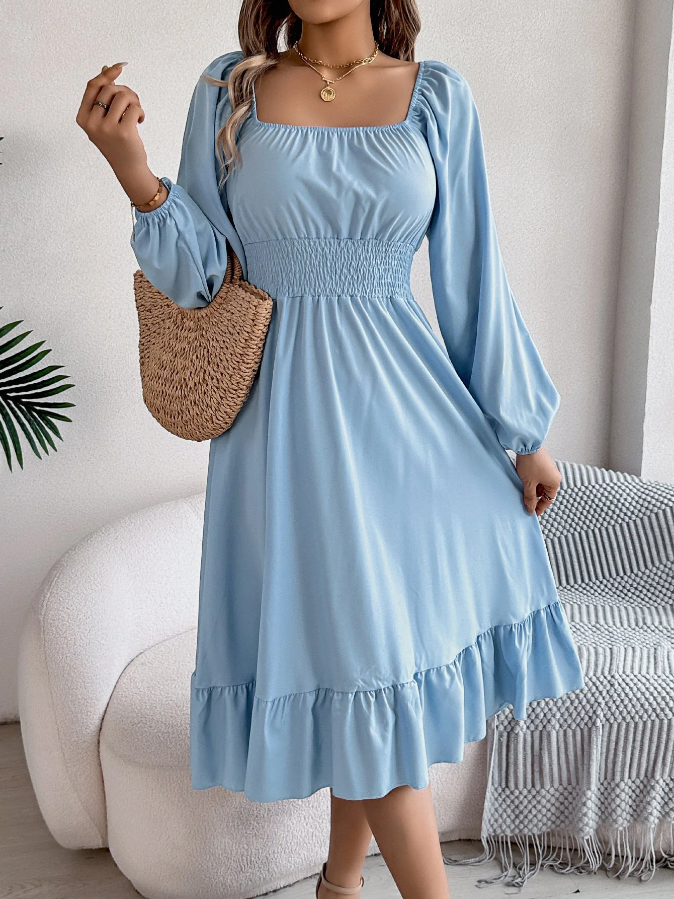 The Ruffled Charm | Solid Color Square-Neck Ruffled A-Line Midi Dress - Image 23