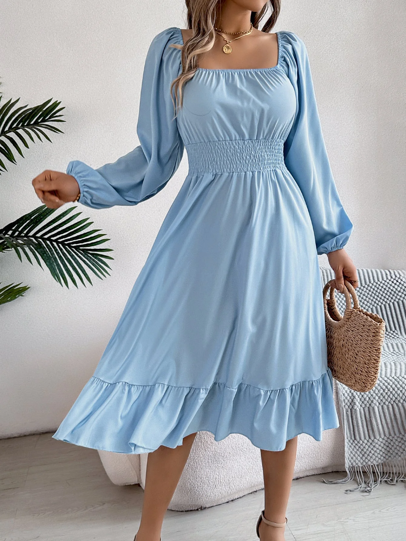 The Ruffled Charm | Solid Color Square-Neck Ruffled A-Line Midi Dress - Image 24