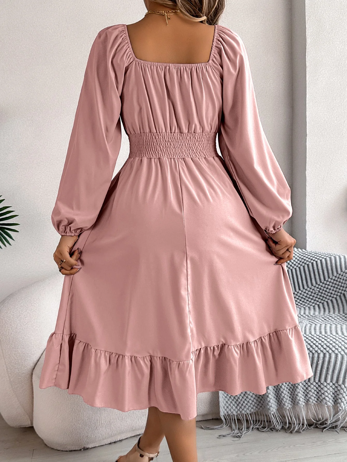 The Ruffled Charm | Solid Color Square-Neck Ruffled A-Line Midi Dress - Image 26