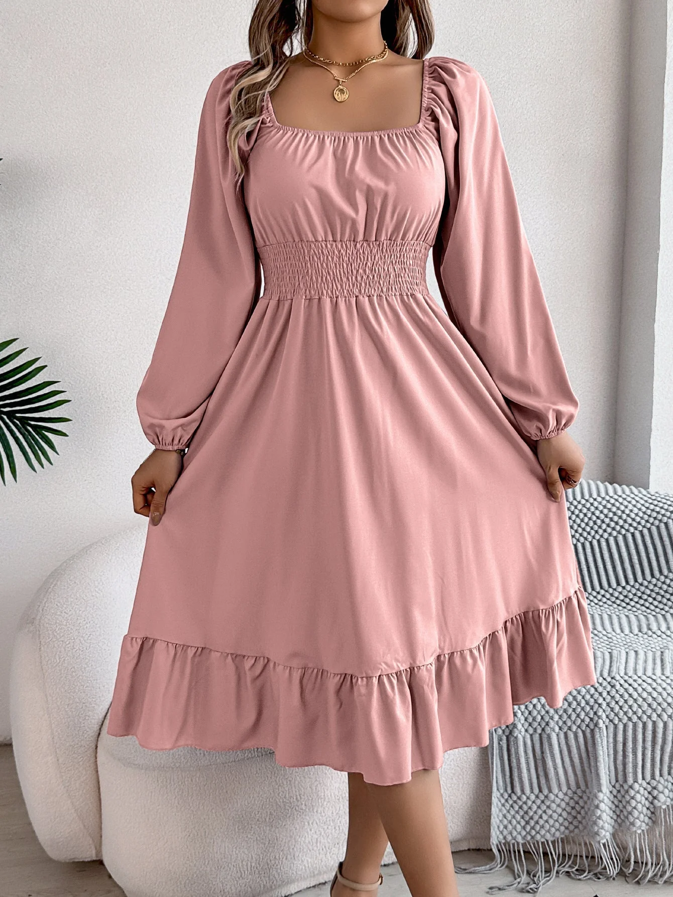 The Ruffled Charm | Solid Color Square-Neck Ruffled A-Line Midi Dress - Image 27