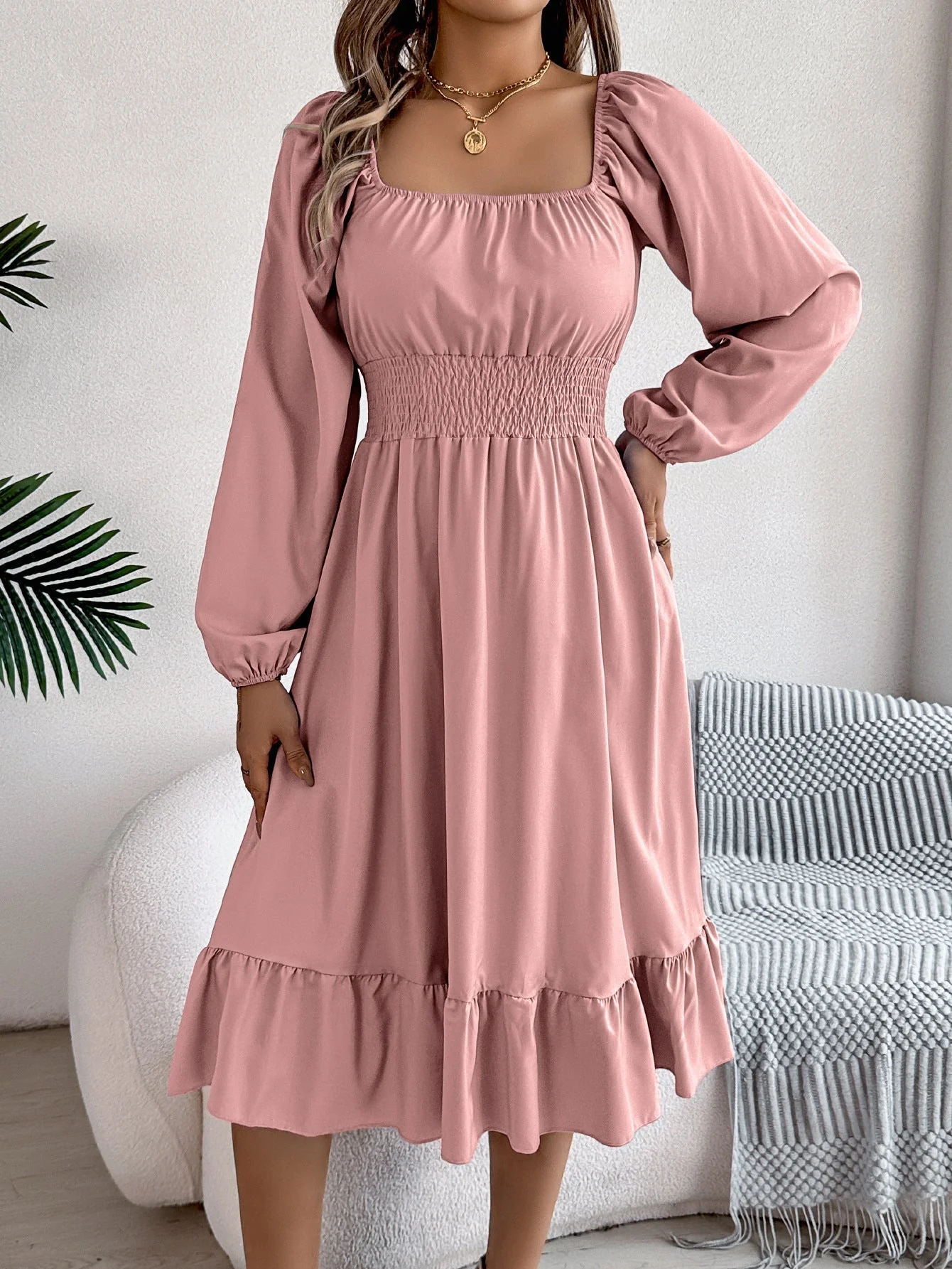 The Ruffled Charm | Solid Color Square-Neck Ruffled A-Line Midi Dress - Image 28