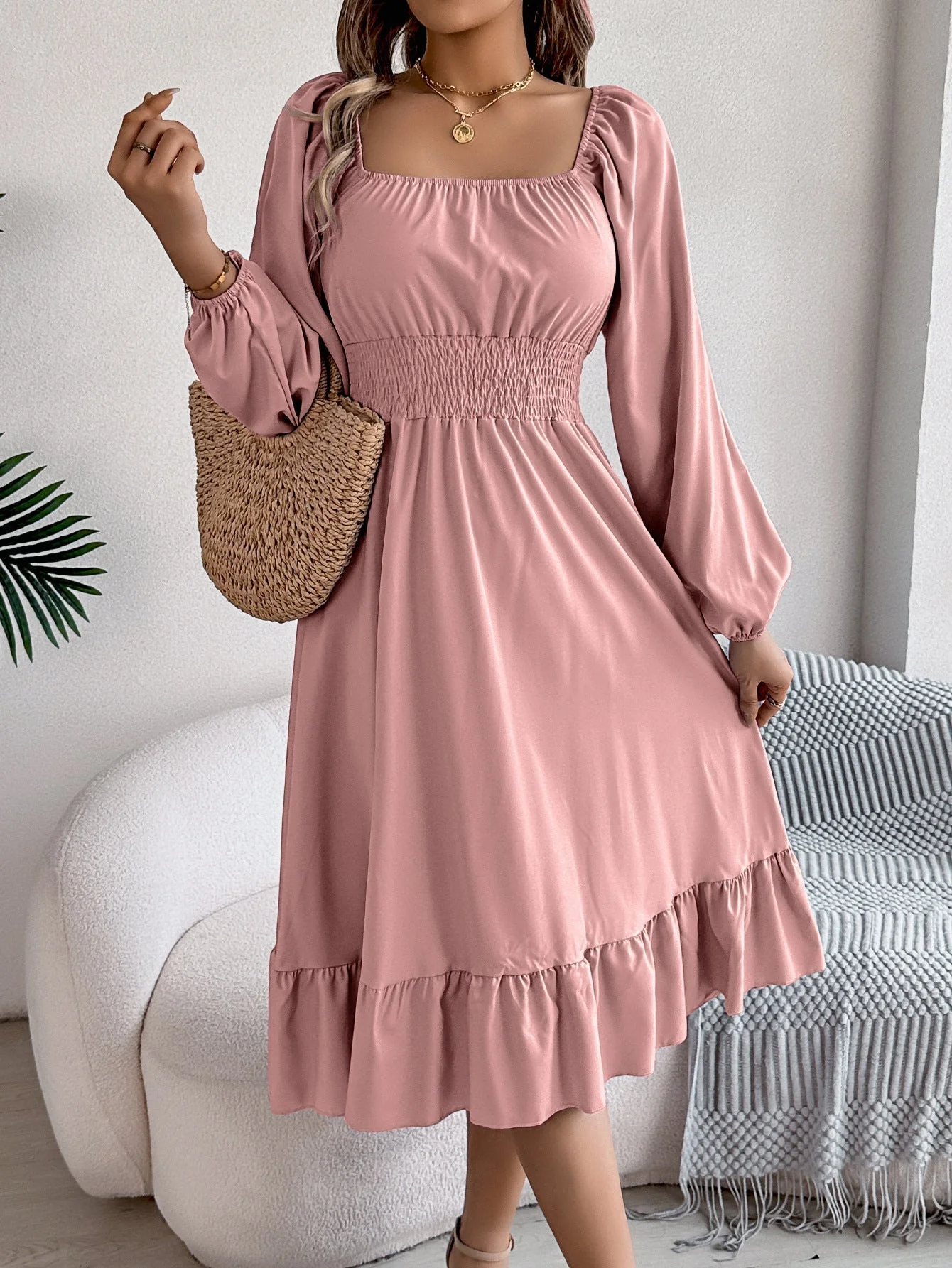 The Ruffled Charm | Solid Color Square-Neck Ruffled A-Line Midi Dress - Image 29